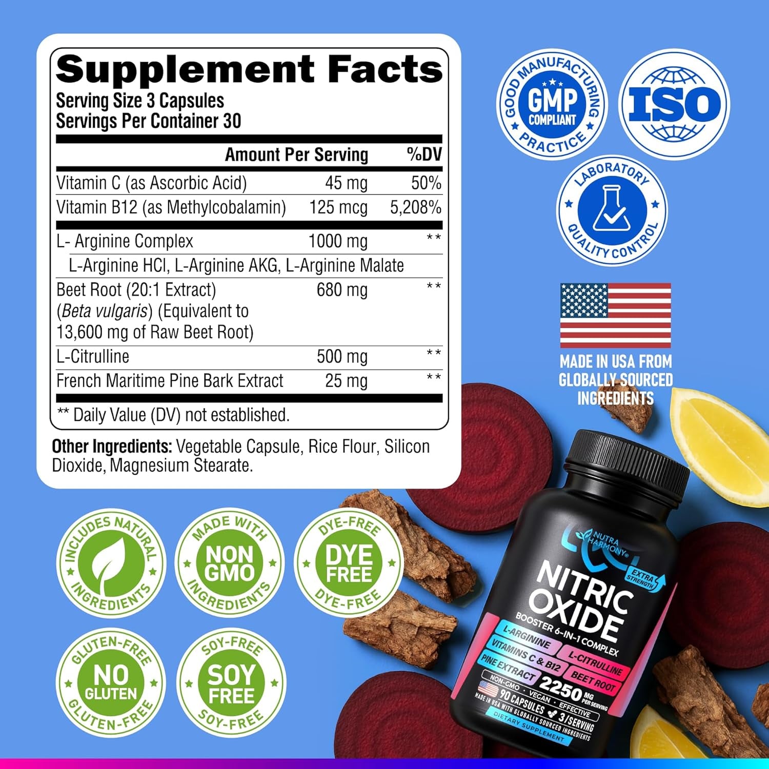 NUTRAHARMONY Nitric Oxide Supplement for Women — 60 Capsules | 2,250mg Blend for Circulation, Energy & Endurance Support