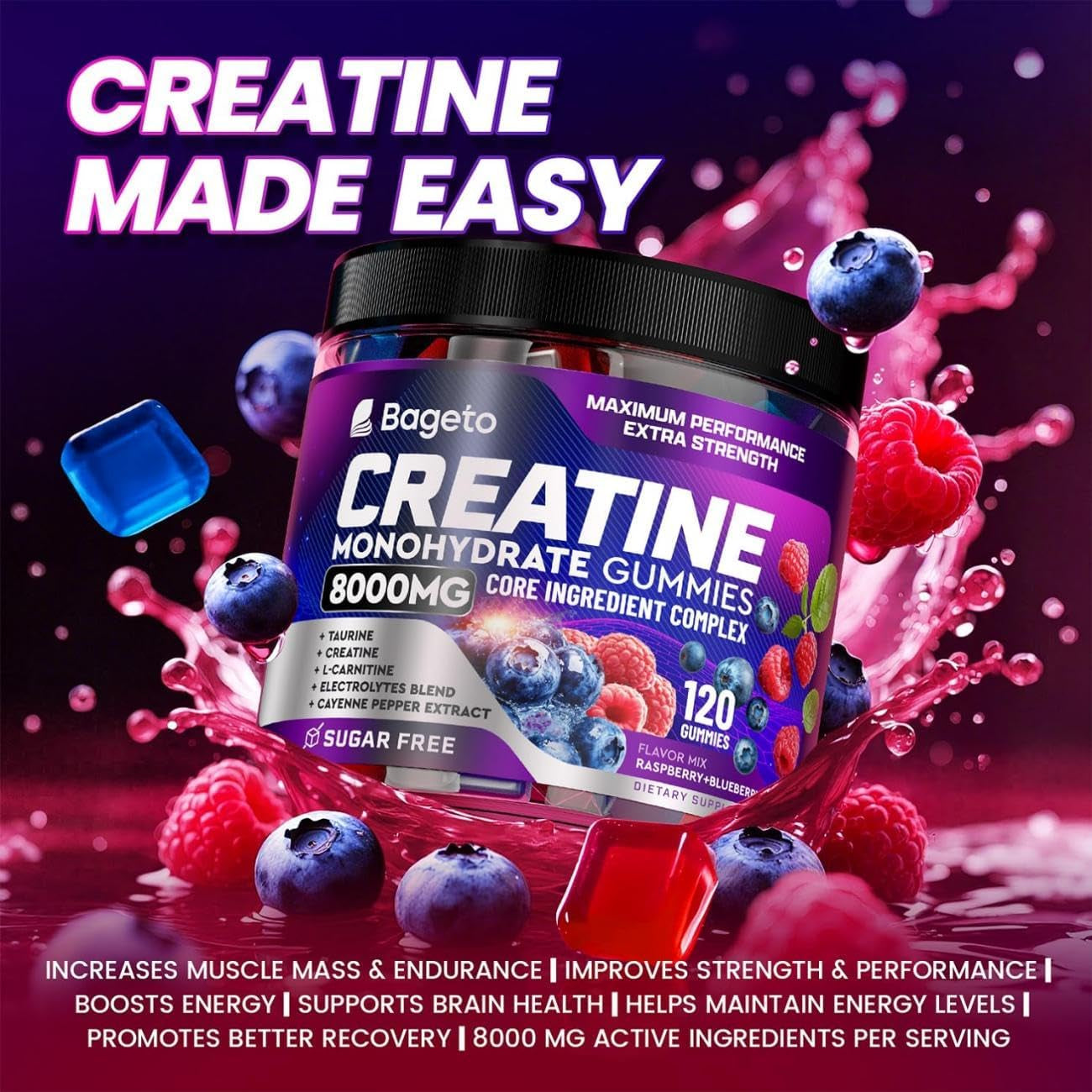 Bageto Creatine Gummies, 8000 MG Complex | 1G Taurine + Electrolytes + 5G Creatine Monohydrate, Creatine Monohydrate Gummies for Women & Men, for Muscles, Energy & Recovery, 0 Sugar 120 Ct