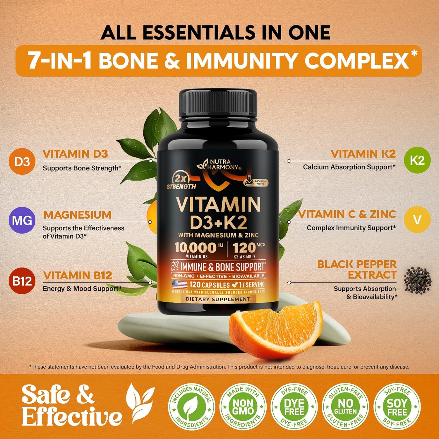 NUTRAHARMONY Vitamin D3, K2 & Magnesium Complex — 120 Capsules | Bioavailable Trio for Bones, Immunity & Heart Health