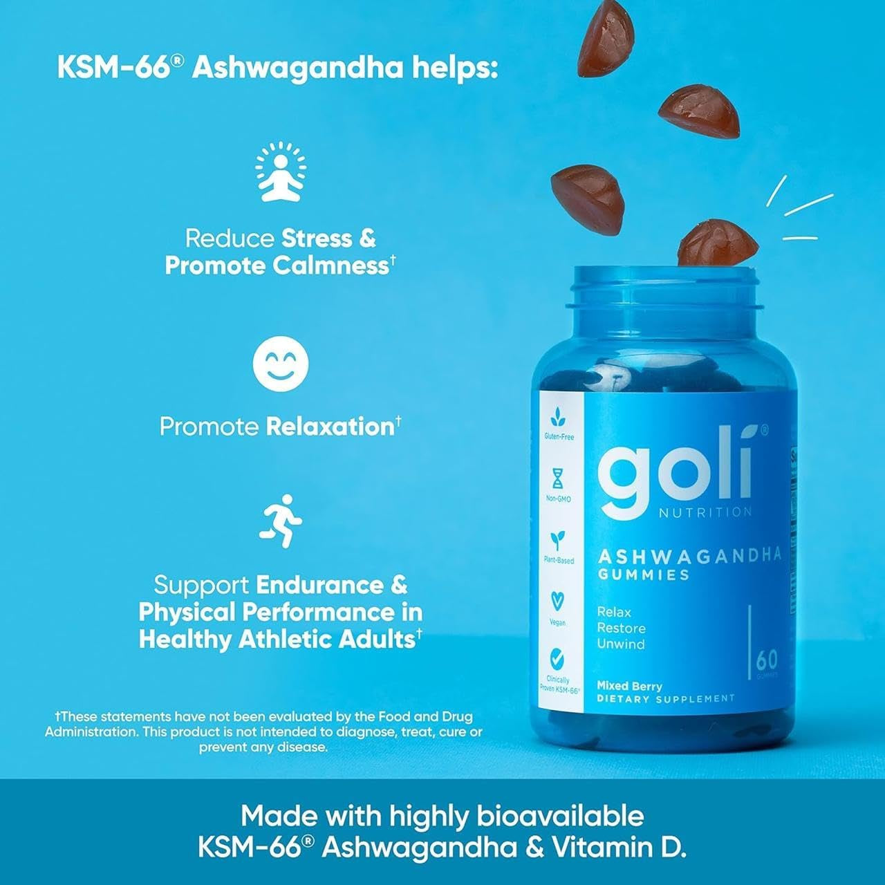 Goli Ashwagandha & Vitamin D Gummy - 60 Count - Mixed Berry, KSM-66, Vegan, Plant Based, Non-Gmo, Gluten-Free & Gelatin Free Relax. Restore. Unwind, Pack of 1