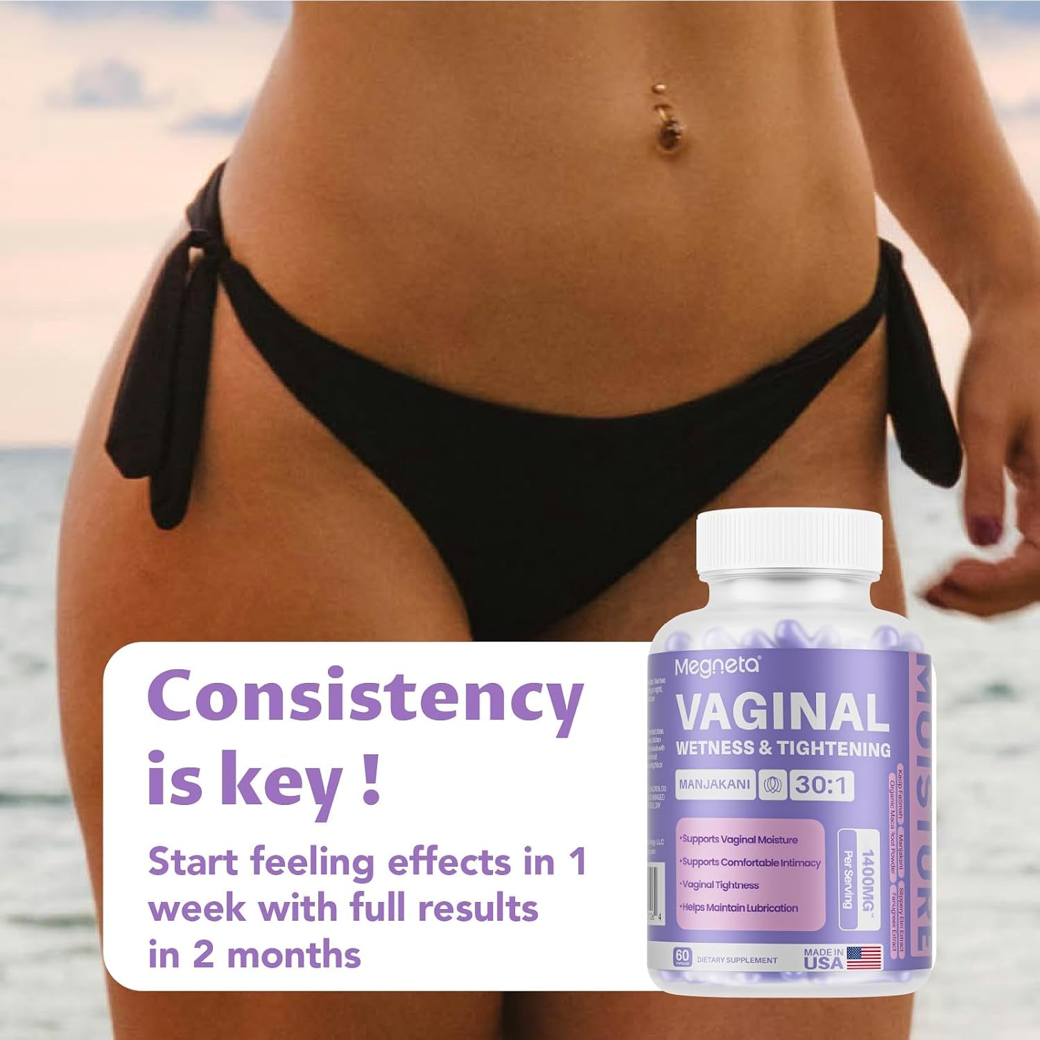 Vaginal Tightening Capsules for Women – Kacip Fatimah, Manjakani & Slippery Elm – Supports Feminine Firmness, Elasticity & Intimate Moisture – 60 Vegan Capsules