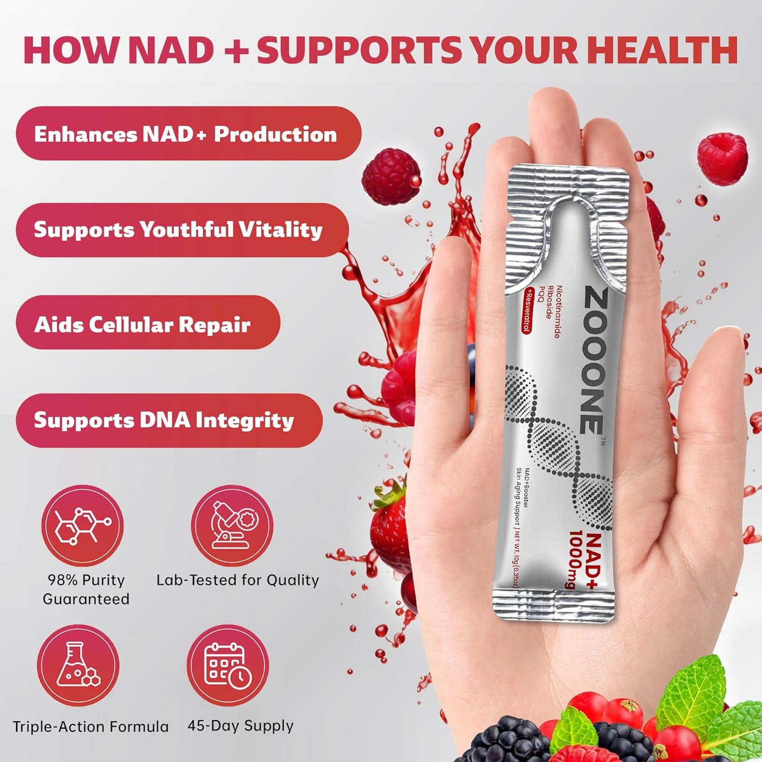 Zooone NAD+ Nicotinamide Riboside & Resveratrol Supplement – 30 Sachets | DNA Repair, Cellular Energy & Healthy Ageing Support | For Men & Women