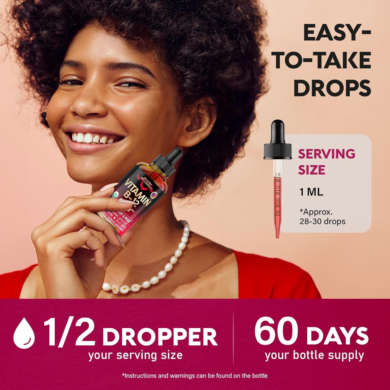 NUTRAHARMONY USDA Organic Vitamin B12 Sublingual Drops — 59ml | 5,000mcg Liquid Methylcobalamin | Energy, Focus, Mood & Brain Health | Vegan | 2 Month Supply