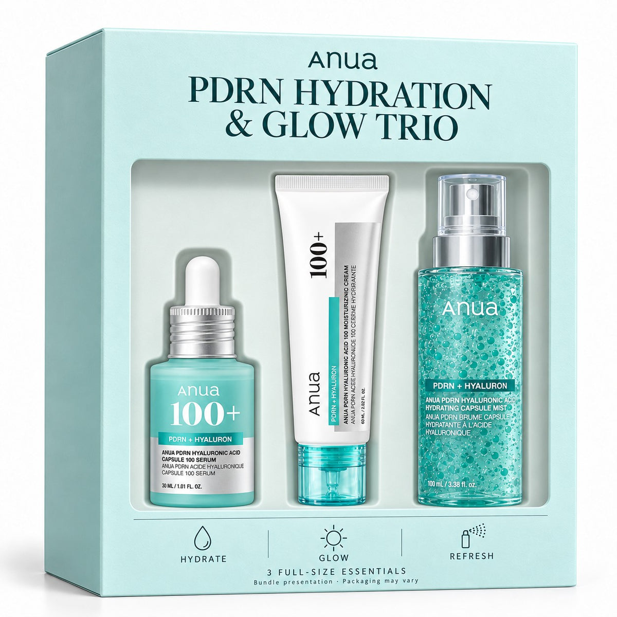 Anua PDRN Hydration & Glow Trio – Hyaluronic 100 Serum, Cream & Capsule Mist