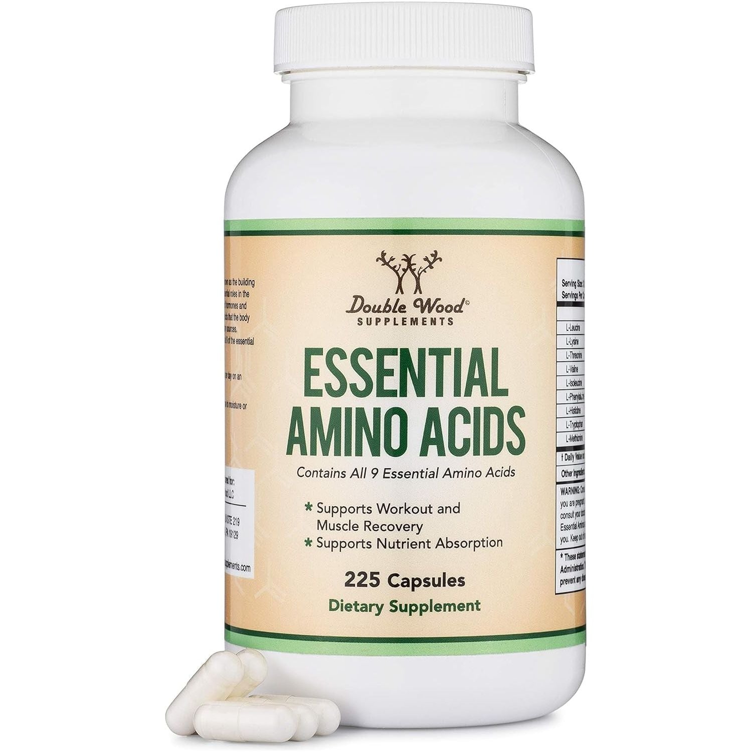 Double Wood Supplements Essential Amino Acids – 225 Capsules | Complete EAA & BCAA Formula for Muscle Growth & Recovery