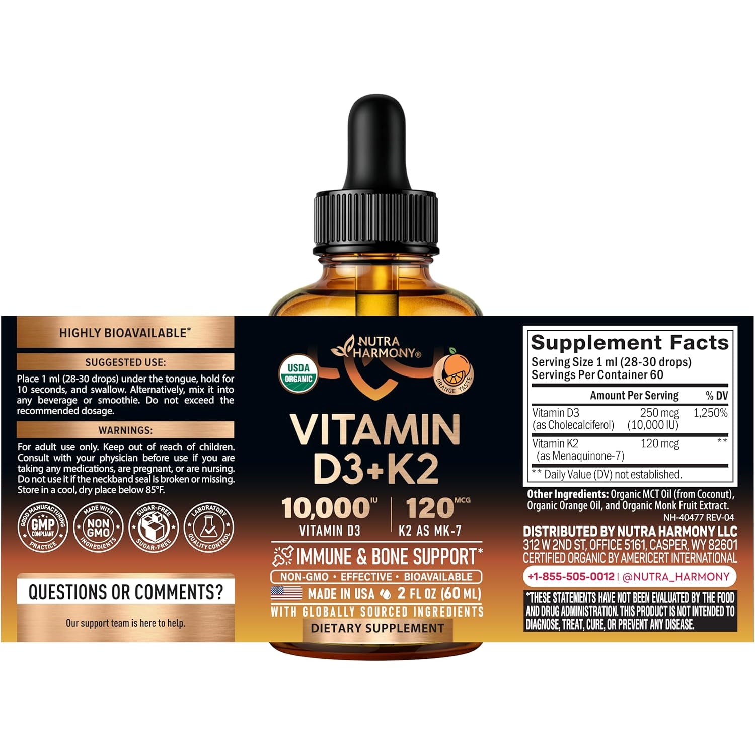 NutraHarmony Organic Vitamin D3 10,000 IU & K2 MK-7 Drops – 60ml | 60-Day Supply | Immune, Mood, Bone & Teeth Support | Sugar-Free Orange