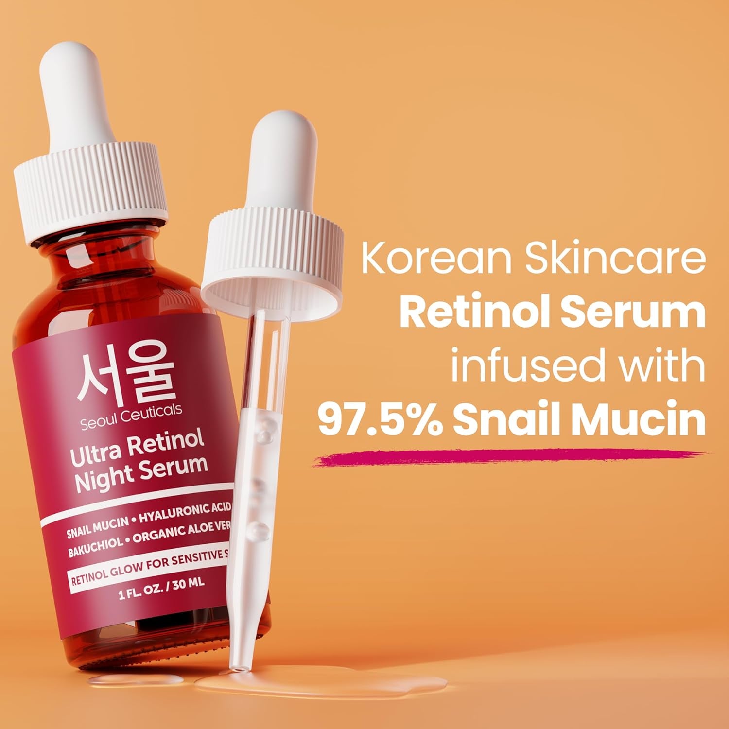 SeoulCeuticals 1% Retinol Night Serum – 97.5% Snail Mucin, Bakuchiol & Hyaluronic Acid for Anti-Ageing & Sensitive Skin | 30ml | K-Beauty