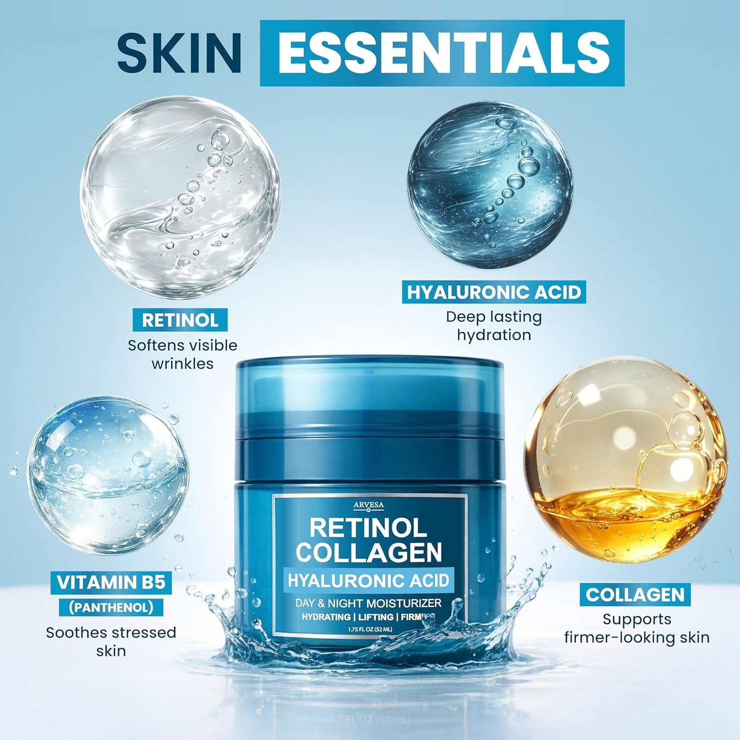 Retinol Cream for Face - Anti-Aging Moisturizer Wrinkle Cream with Collagen & Hyaluronic Acid - Face & Neck Moisturizer for Firming, Hydration & Smooth Skin - Day & Night Skin Care for Women & Men