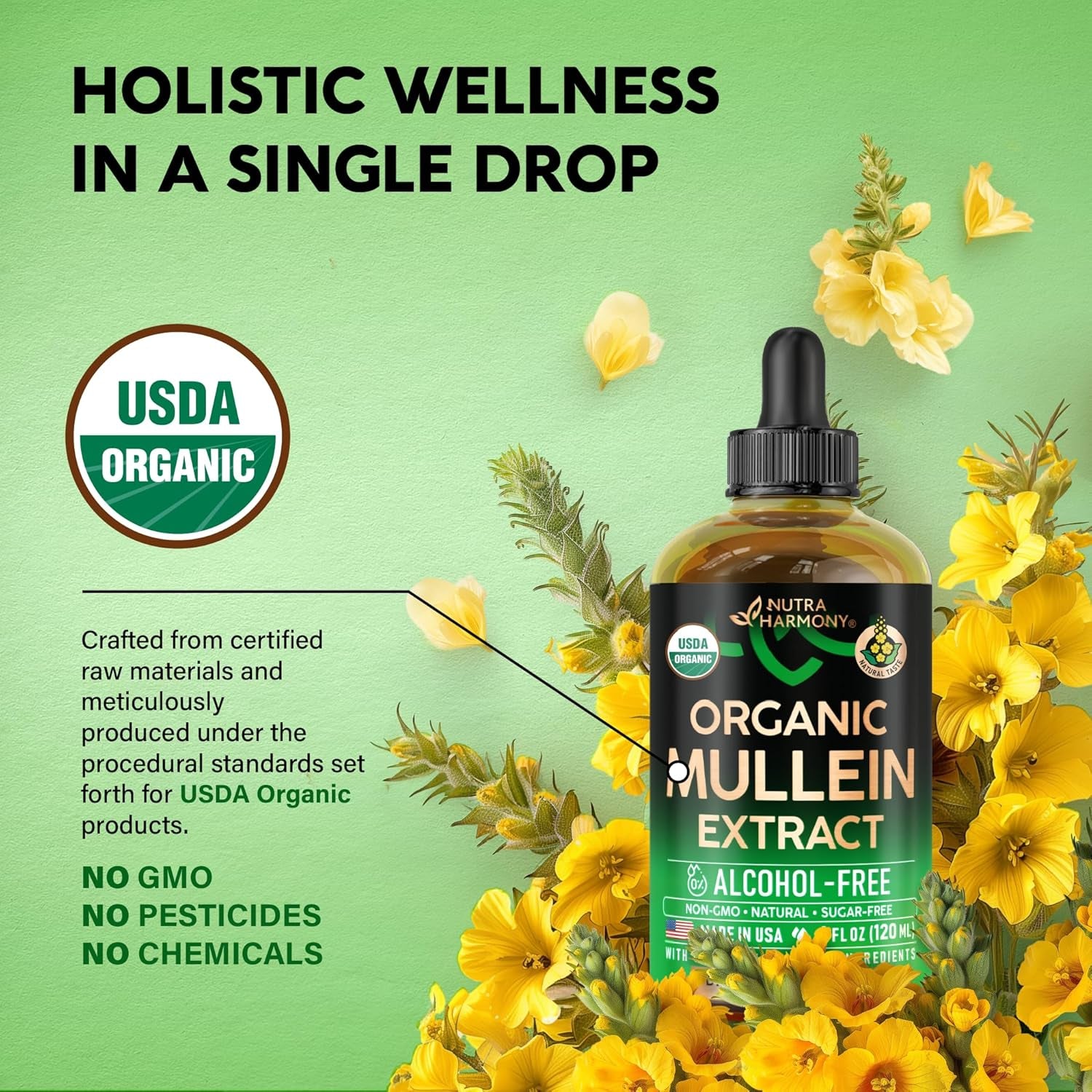 NUTRAHARMONY USDA Organic Mullein Leaf Drops - 120ml | Liquid Lung Support & Respiratory Health | Natural Herbal Extract