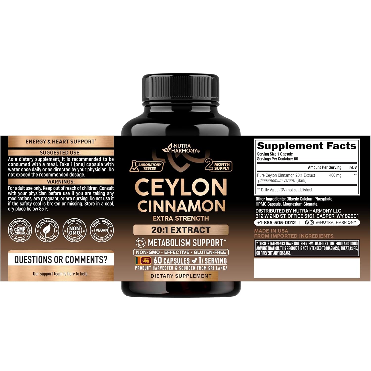 NUTRAHARMONY Ceylon Cinnamon Capsules - 60 Count | Metabolism & Blood Sugar Support | True Cinnamon Extract | Vegan