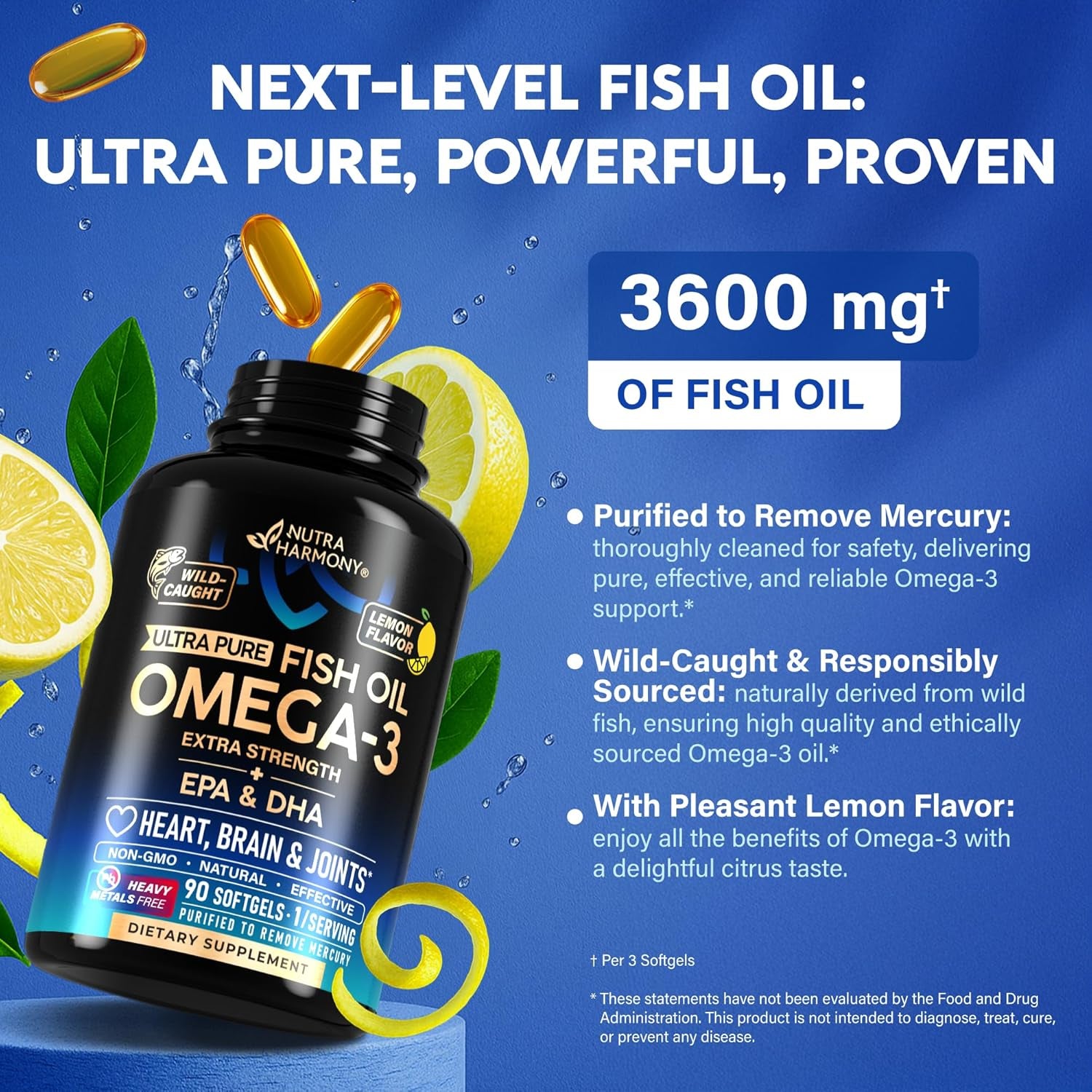 NutraHarmony Omega-3 Fish Oil 3,600mg – 90 Softgels | EPA & DHA | Heart, Brain & Joint Support | Heavy Metals Free | Lemon Flavour