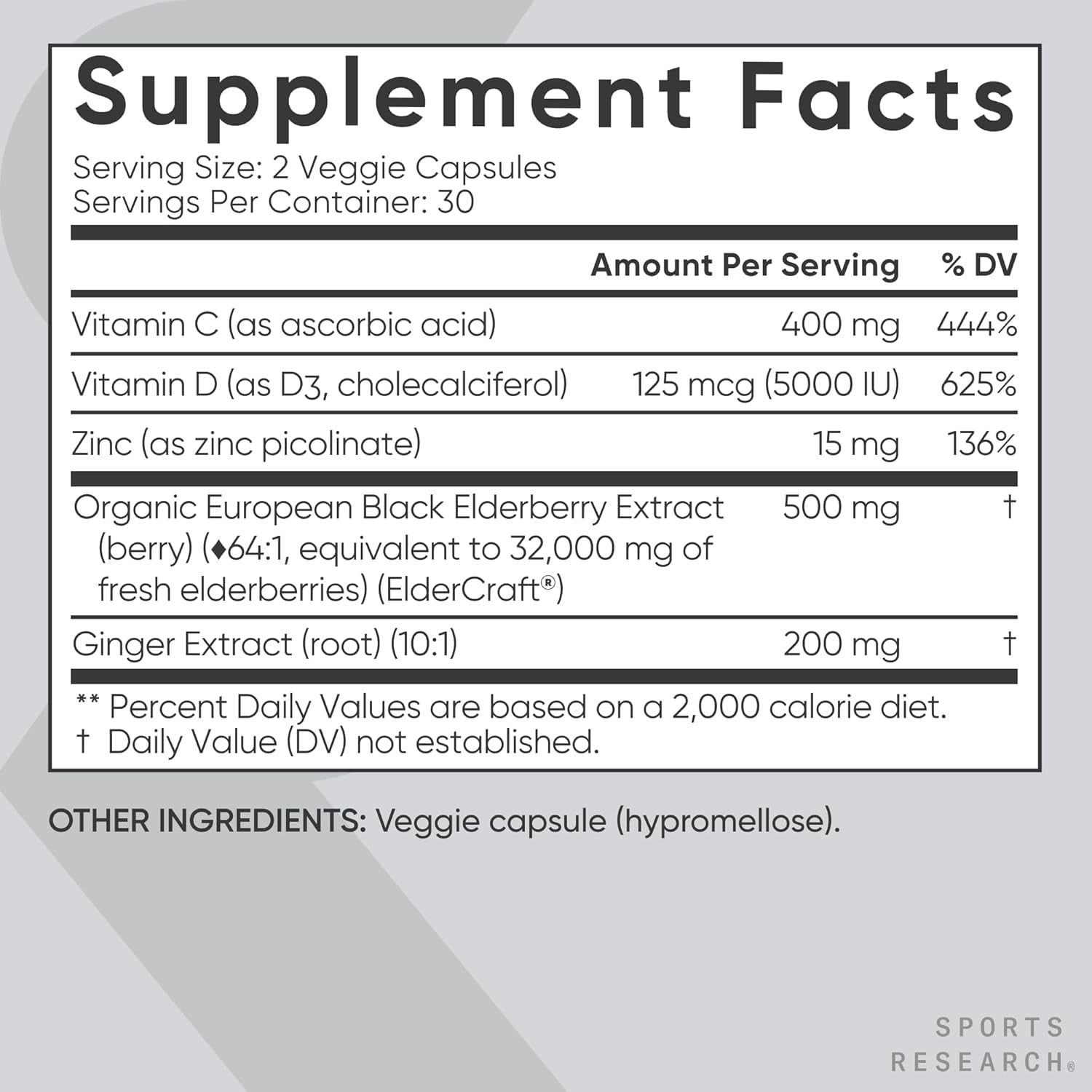 Sports Research® Elderberry Immune Support with Zinc, Ginger, Vitamin C & D3 - Vegan Friendly · Non-Gmo · Gluten Free - 60 Veggie Capsules