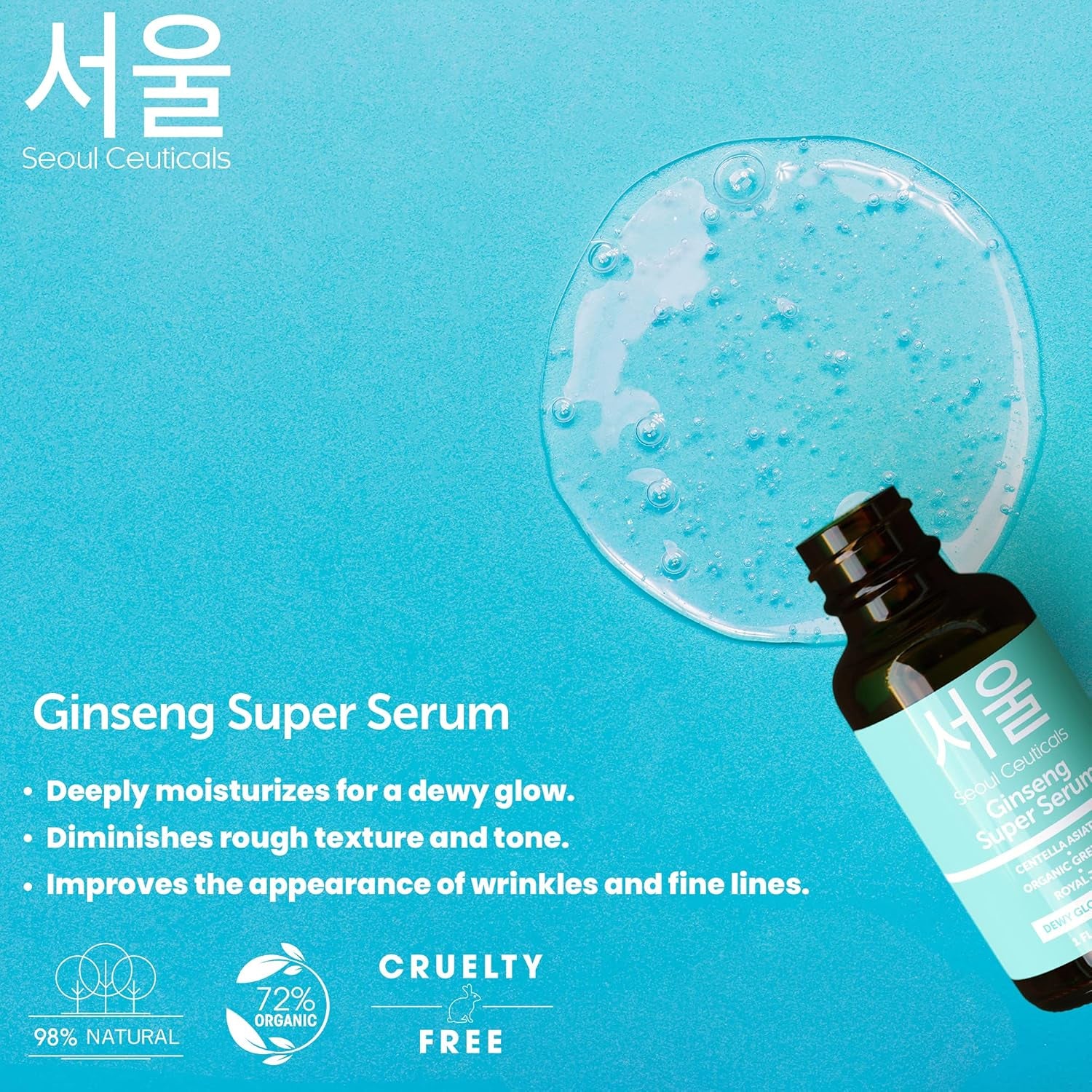 SeoulCeuticals Korean Ginseng Serum – Green Tea, Centella & Royal Jelly for Dewy Glow & Radiance | Organic | 30ml