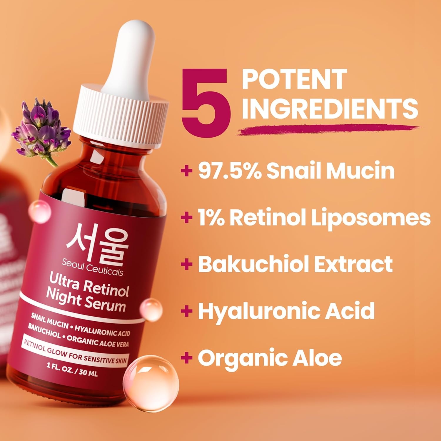 SeoulCeuticals 1% Retinol Night Serum – 97.5% Snail Mucin, Bakuchiol & Hyaluronic Acid for Anti-Ageing & Sensitive Skin | 30ml | K-Beauty