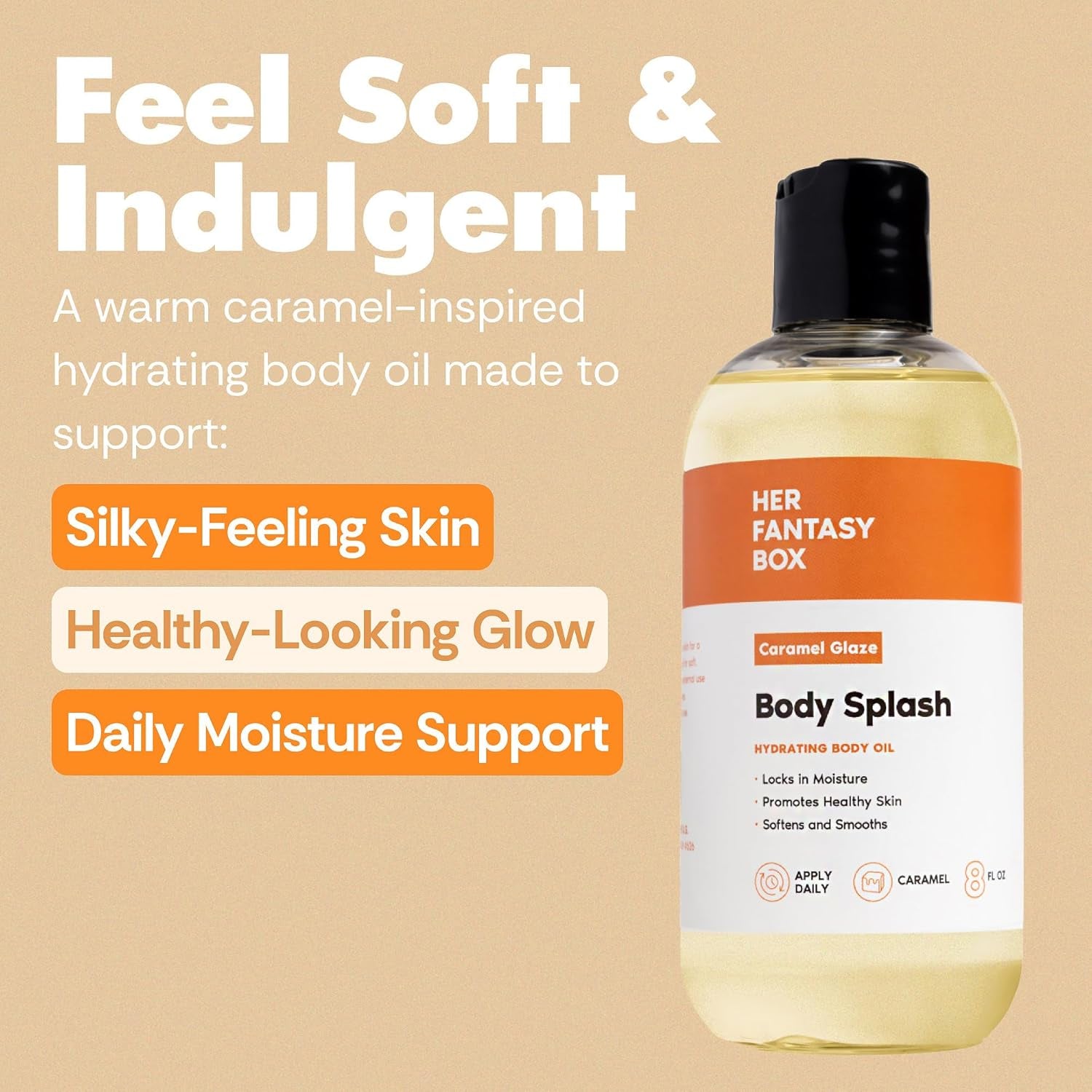 Her Fantasy Box | Body Splash Caramel Glaze Fragrance Oil – Warm Caramel & Vanilla Gourmand Scent, Lightweight Hydrating Body Oil, Vegan & Cruelty Free