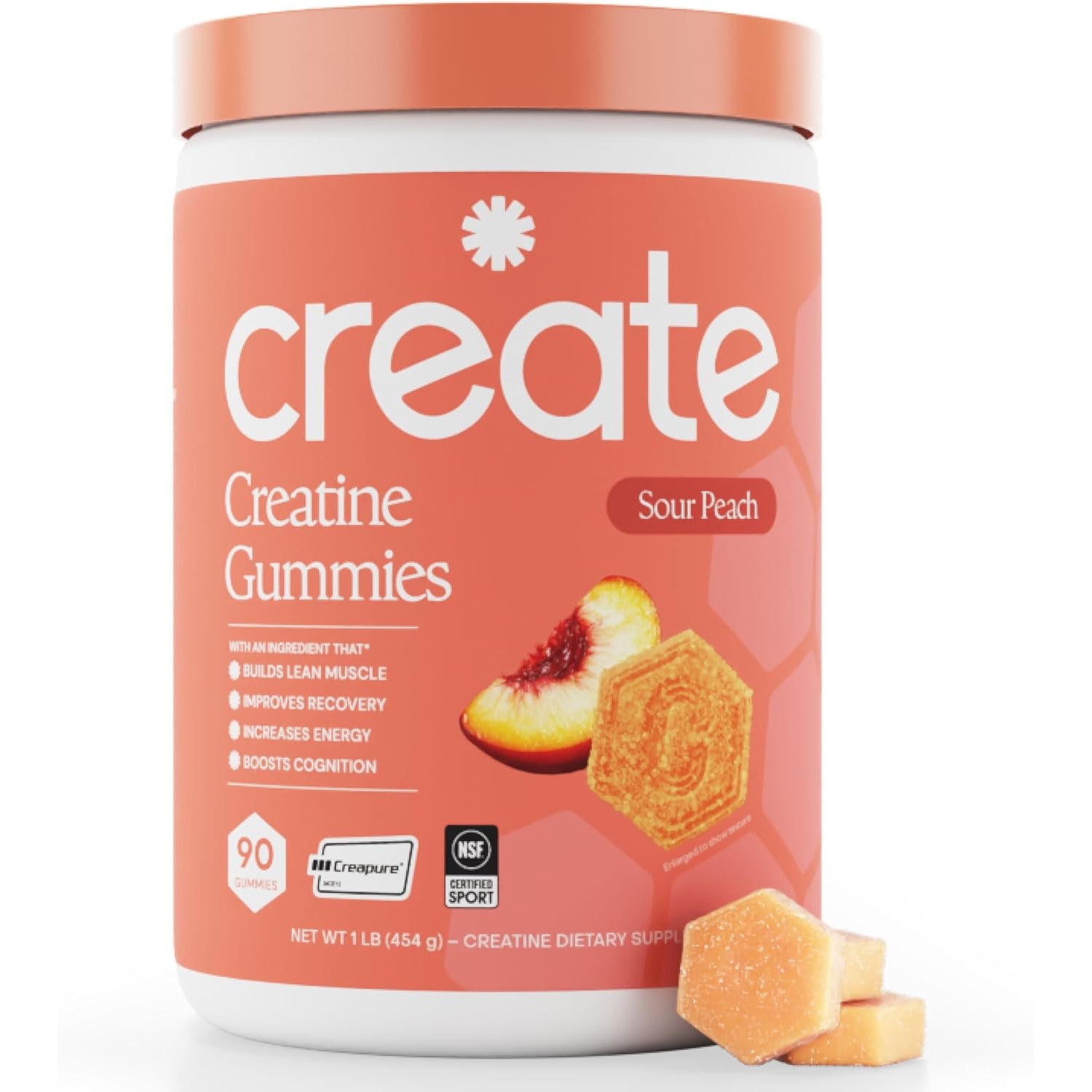 Create Creatine Monohydrate Gummies – Sour Peach | 1.5g Per Gummy | Vegan & Gluten-Free | Strength, Focus & Endurance for Men & Women