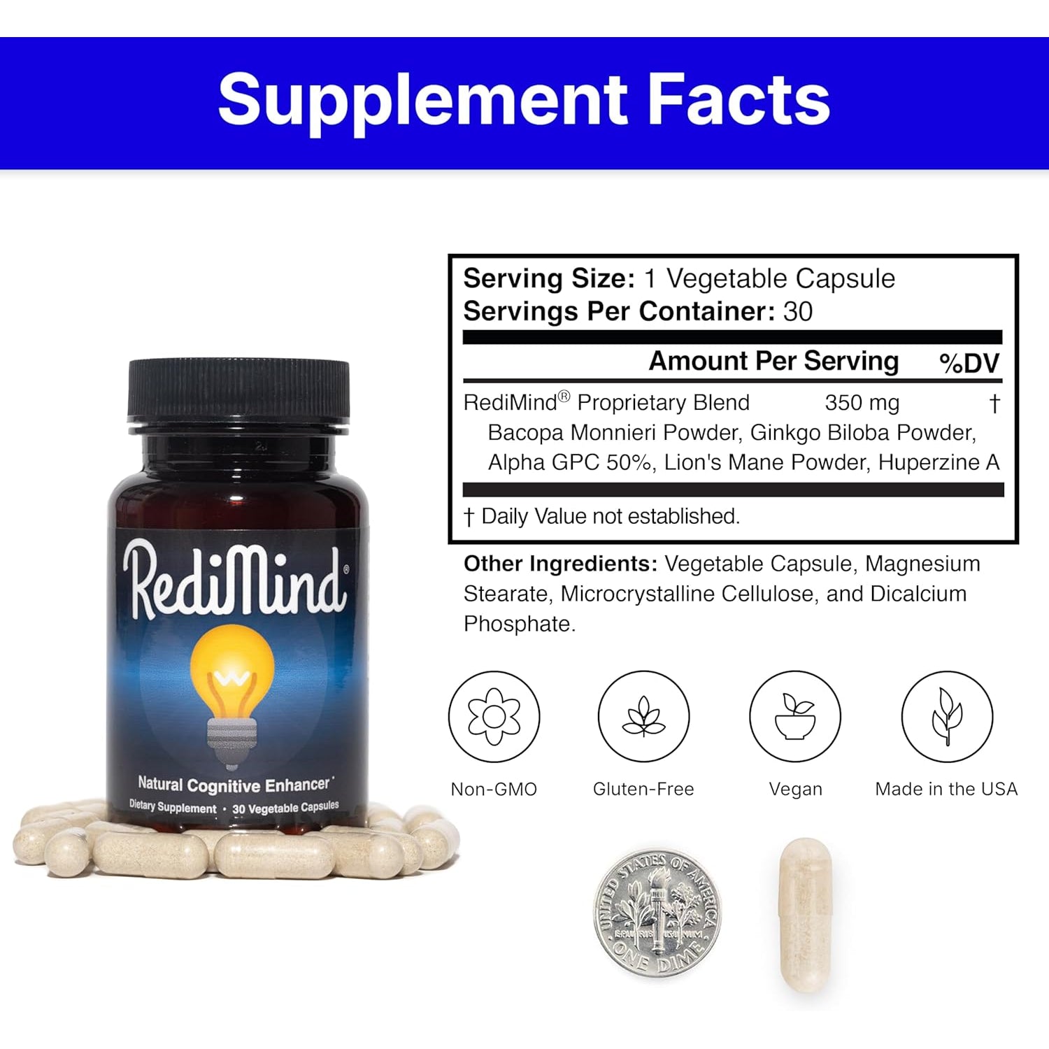 Redimind - Natural Cognitive Enhancement Supplement Capsule - Non-Gmo, Vegan, Gluten-Free