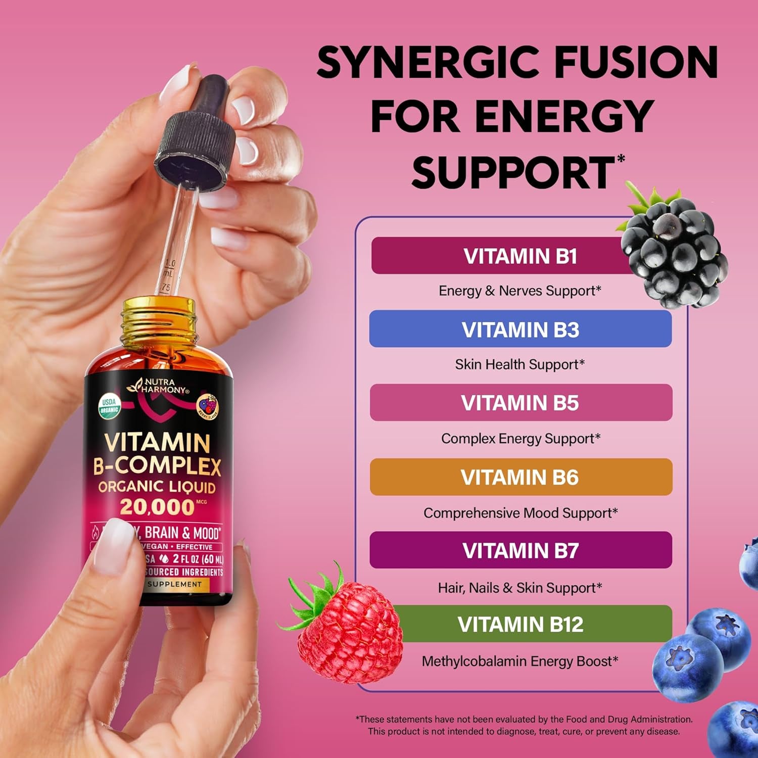 NUTRAHARMONY B-Complex Supplement — 60ml| Methylcobalamin B12, Pantothenic Acid, Pyridoxine, Niacinamide | Energy & Nervous System Support
