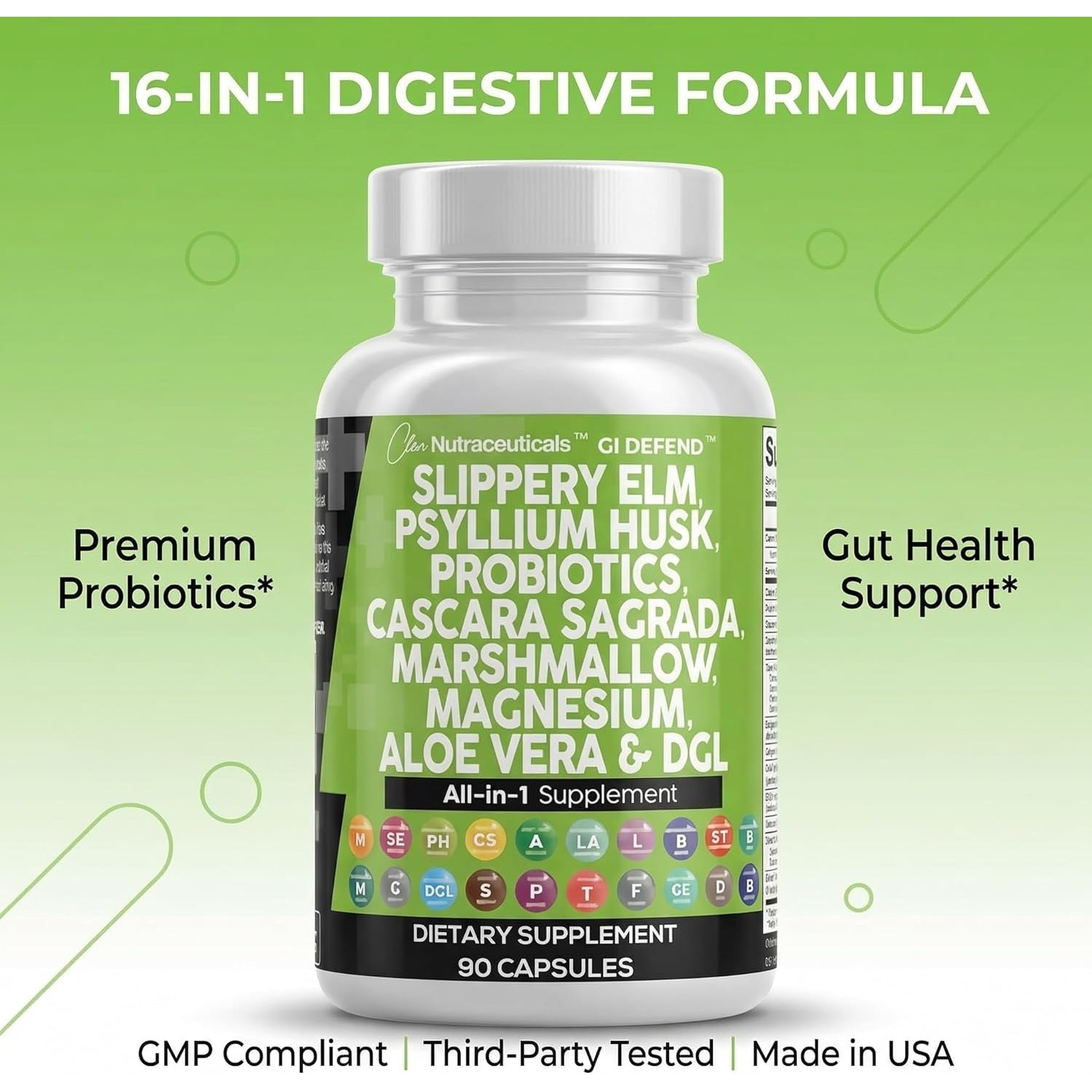 Clean Nutraceuticals Digestive Gut Health Complex – 60 Capsules | Slippery Elm, Psyllium Husk, Aloe Vera & Marshmallow Root | Pre & Probiotic Blend
