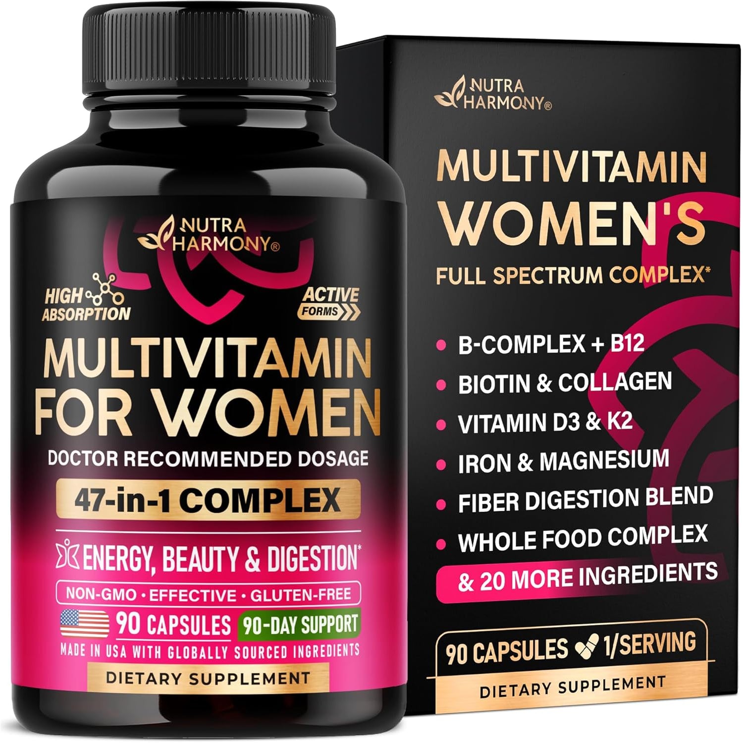 NUTRAHARMONY Women's Daily Multivitamin — 90 Capsules | B-Complex, Metabolism & Energy Support | Bioavailable Formula | Vegan