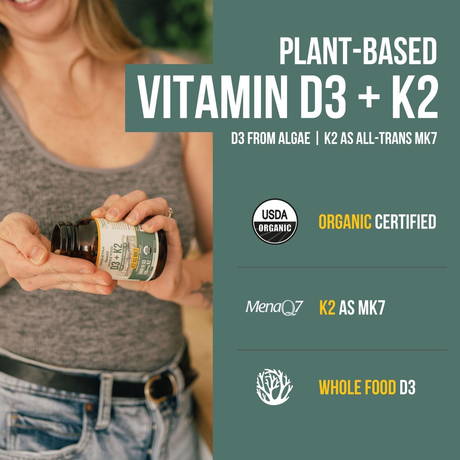 Organic Plant D3 + K2 | 5000 Iu D3 + 120 Mcg K2 as All-Trans MK7 from Menaq7® - 100% Whole Food, Raw & Vegan | Enhanced Digestion with Prebiotic & Superfood Complex – D3 from Organic Algae (60 Count)