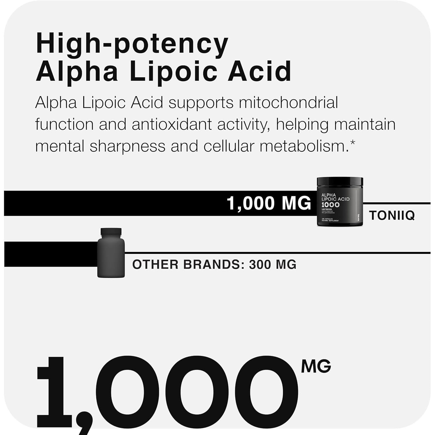 Toniiq 1000Mg Ultra High Strength Alpha Lipoic Acid Capsules - Highly Purified 99%+ USP Standard - 120 Capsules ALA Supplement