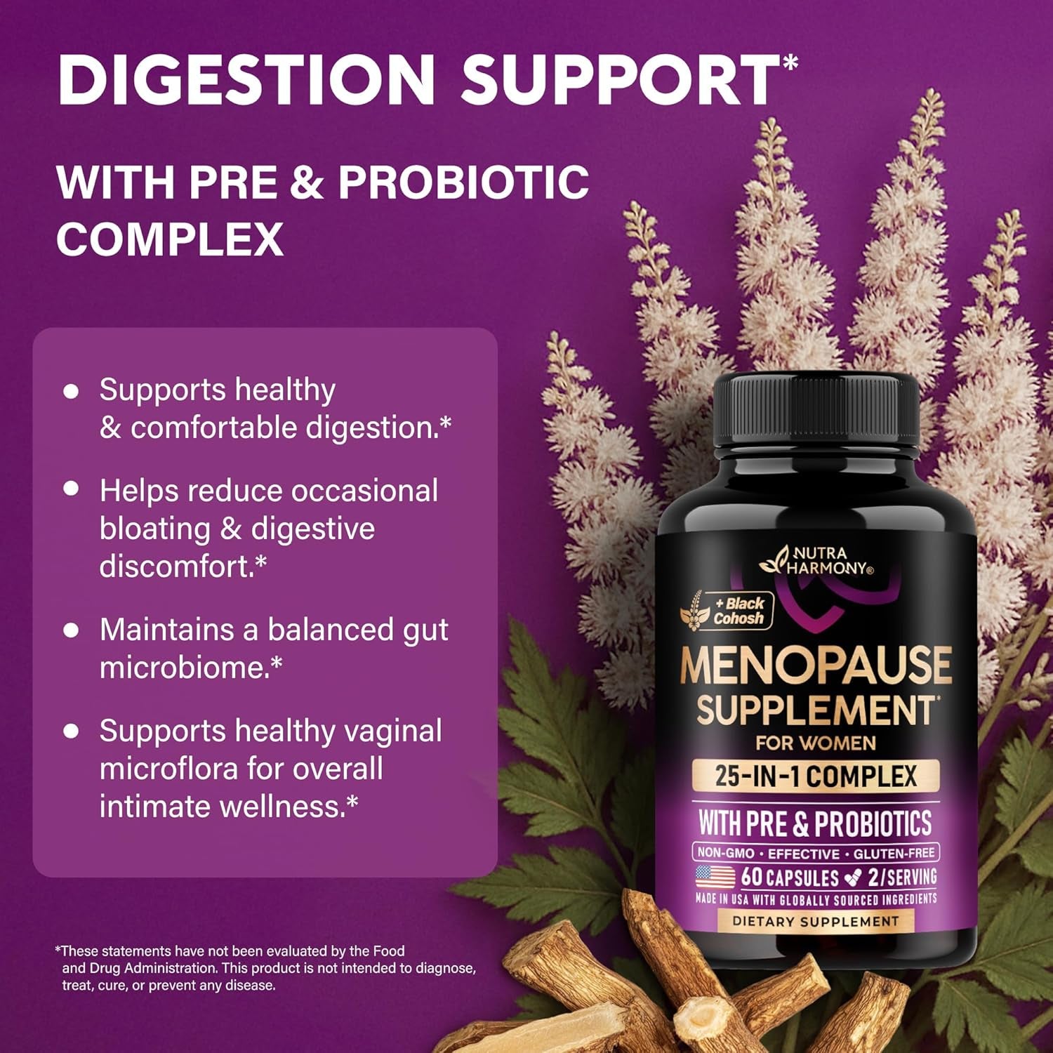 NutraHarmony Menopause Supplements for Women - Dong Quai, Black Cohosh, Pre & Probiotics - Sweats & Hot Flashes Relief - Digestion, Sleep & Mood Support - 25-In-1 Perimenopause Complex - Lab Tested - 60 Capsules