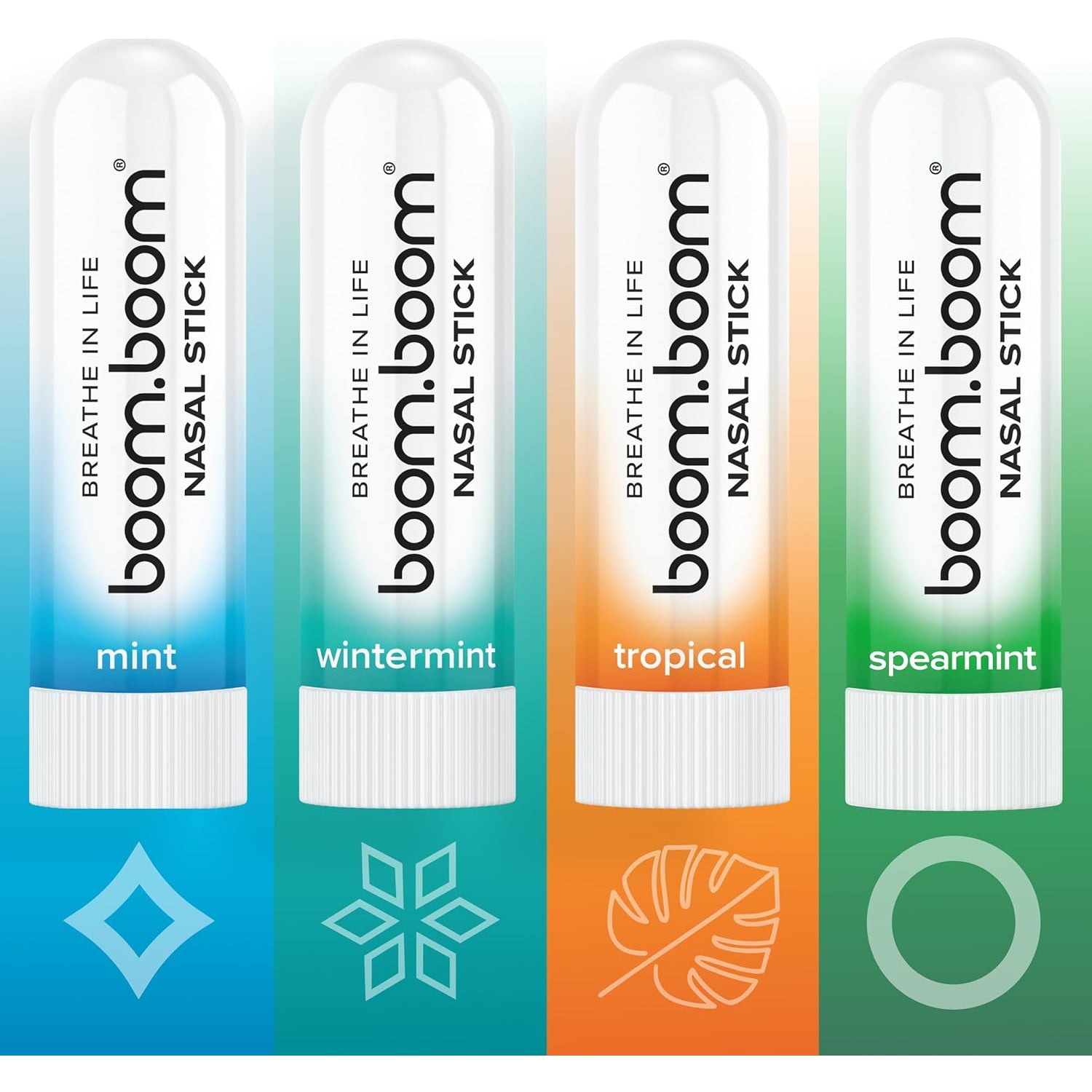 Boomboom Nasal Stick | Vapor Flow Technology | Cool Refreshing Sensation | Natural Mood Boost | Simple Ingredients | Essential Oils + Menthol Inhaler (Mint, Wintermint, Tropical, Spearmint)