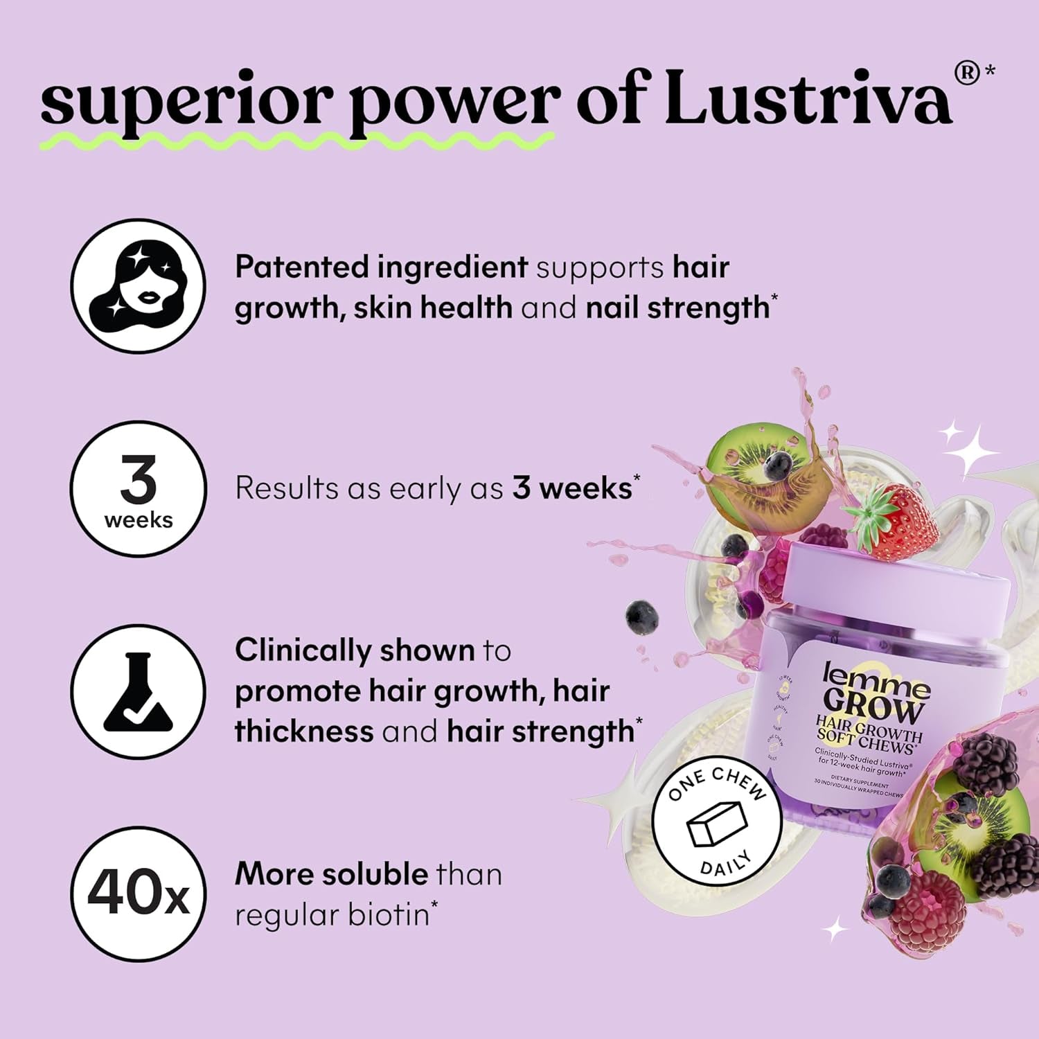 Grow Hair Growth Booster Soft Chews W/Vitamins for Women and Men with Clinically Studied Lustriva and Biotin, Promotes Thicker, Fuller, Stronger Hair, Mixed Berry, 30 Day Supply