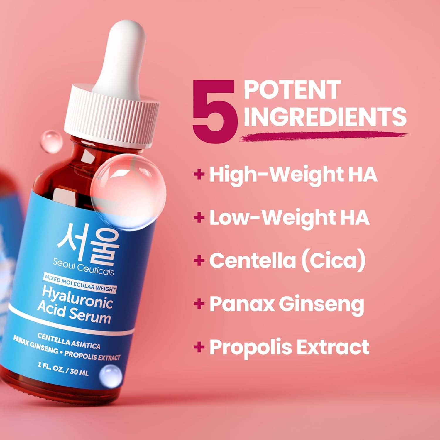 SeoulCeuticals Korean Hyaluronic Acid Serum – Dual Molecular Weight HA, Centella & Propolis for Deep Hydration | 30ml | K-Beauty