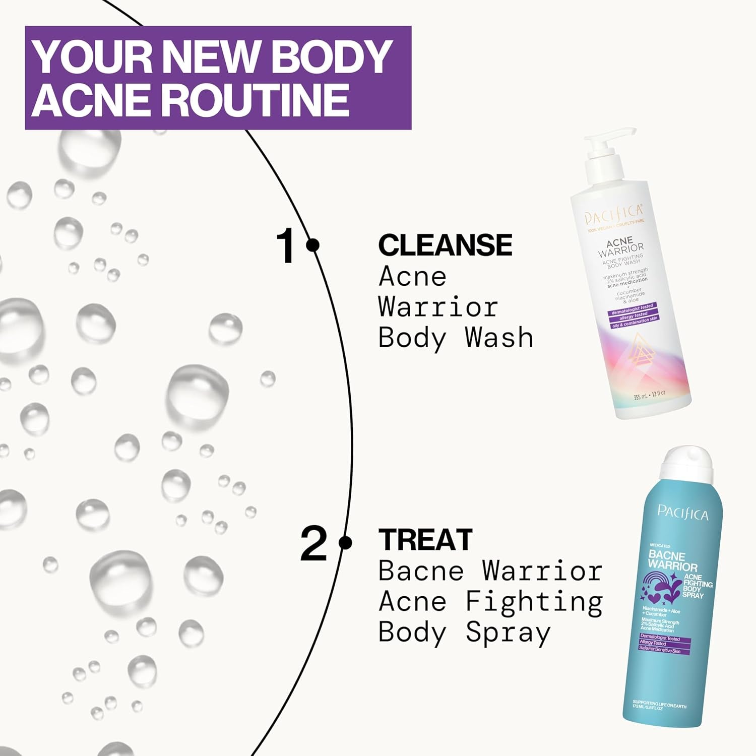 Pacifica Bacne Warrior - Bacne Salicylic Acid Spray, Back Acne Treatment Spray with 2% Salicylic Acid, Niacinamide, and Aloe, Body Acne Warrior for Body, Chest, and Back, Dermatologist Tested- 6 Fl Oz