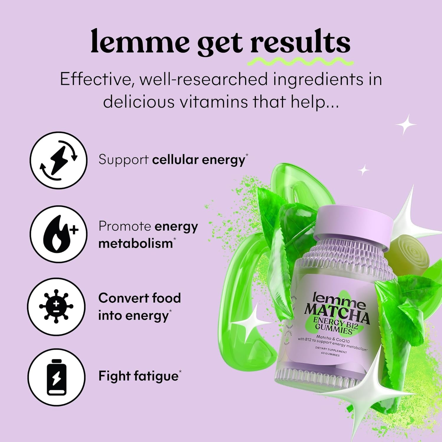 Matcha Superfood Energy Gummies with Organic Matcha Green Tea, Vitamin B12 and Antioxidant Coenzyme Q10 to Support Cellular Energy, Metabolism & Healthy Skin - Gluten Free, Non GMO (60 Count)