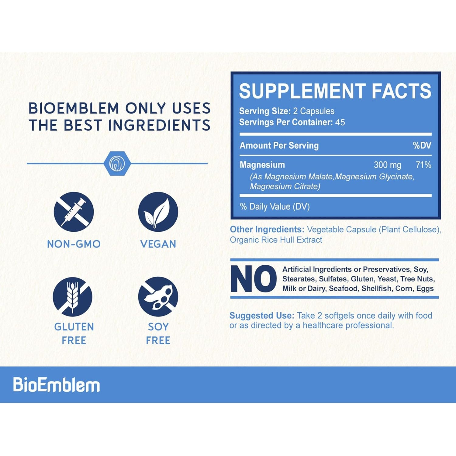 Bioemblem Triple Magnesium Complex | 300Mg Magnesium Glycinate, Malate & Citrate | High Absorption Chelated Formula | Vegan, Non-Gmo, Gluten-Free | 90 Capsules