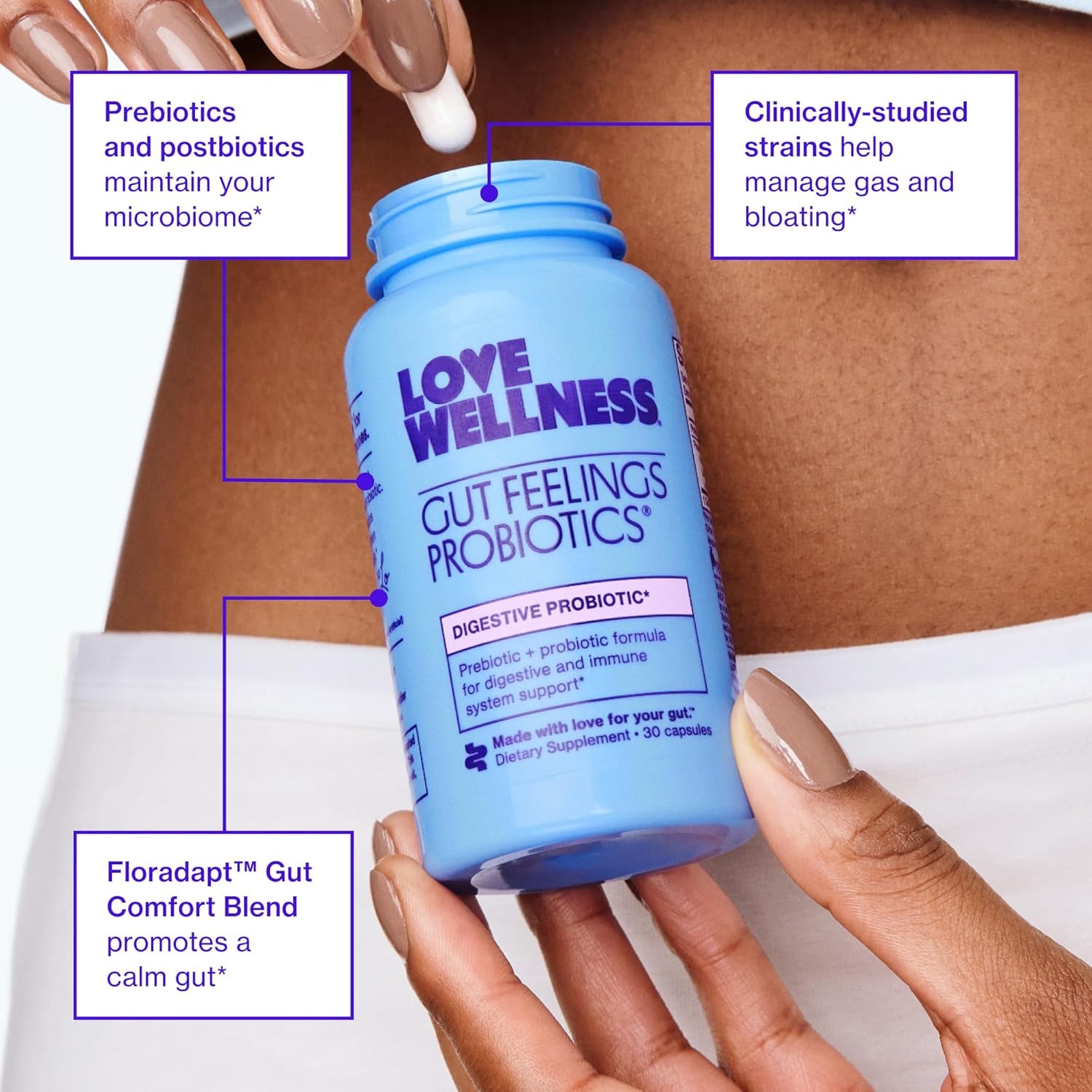 Love Wellness Gut Feelings Probiotic – 3 Billion CFU with Prebiotics & Postbiotics for Gut Health, Digestion & Immune Support | 30 Capsules