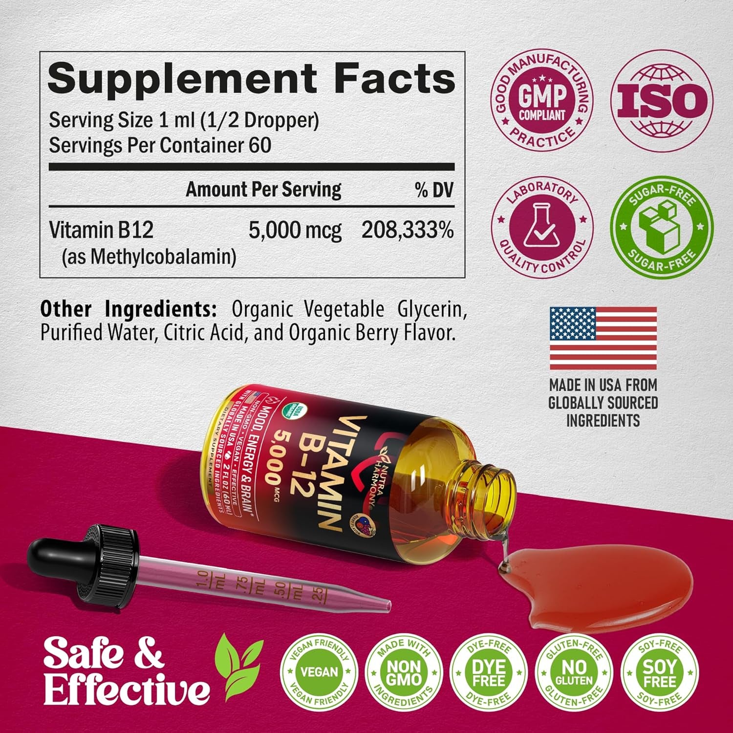 NUTRAHARMONY USDA Organic Vitamin B12 Sublingual Drops — 59ml | 5,000mcg Liquid Methylcobalamin | Energy, Focus, Mood & Brain Health | Vegan | 2 Month Supply