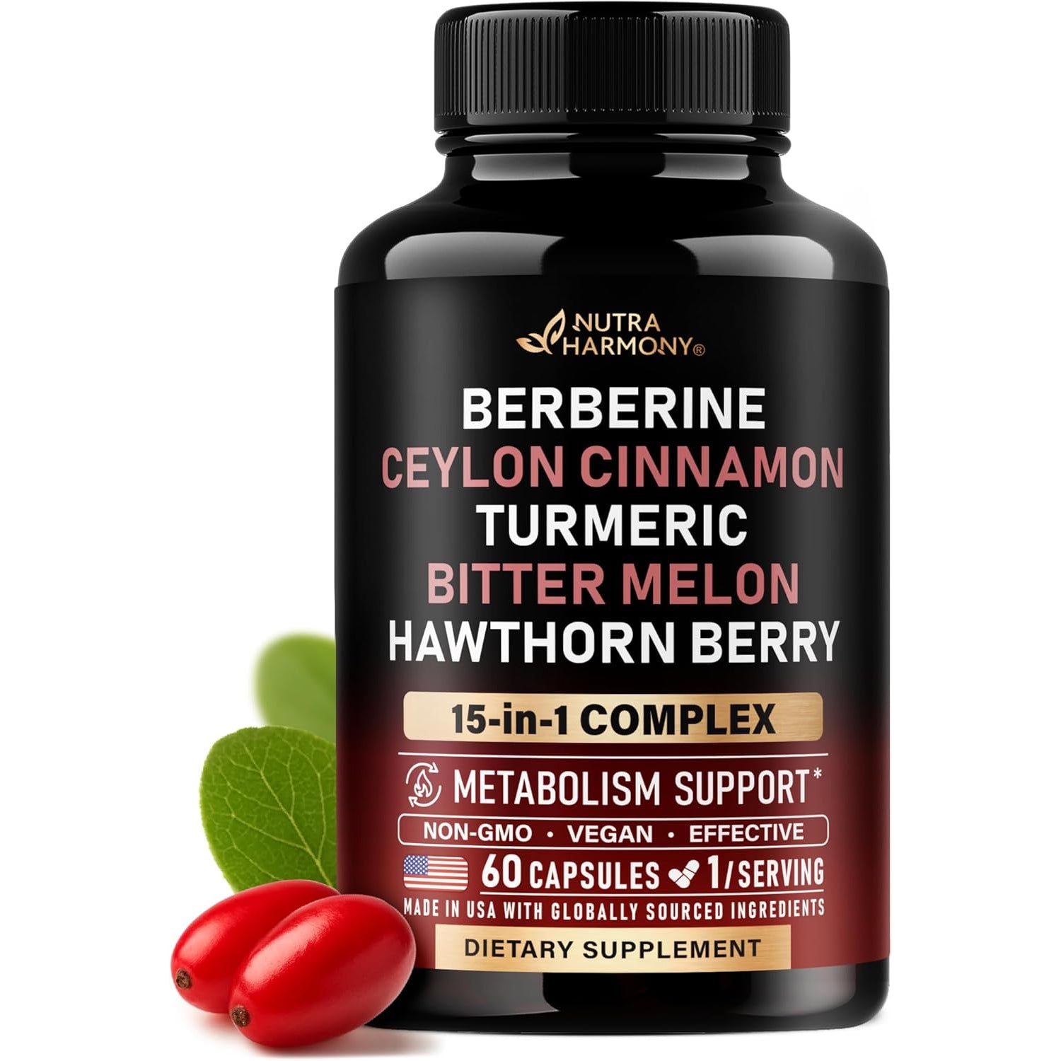 NUTRAHARMONY Berberine Complex — 60 Capsules | Cinnamon, Apple Cider Vinegar, Hawthorn & Bergamot | Blood Sugar & Metabolic Support