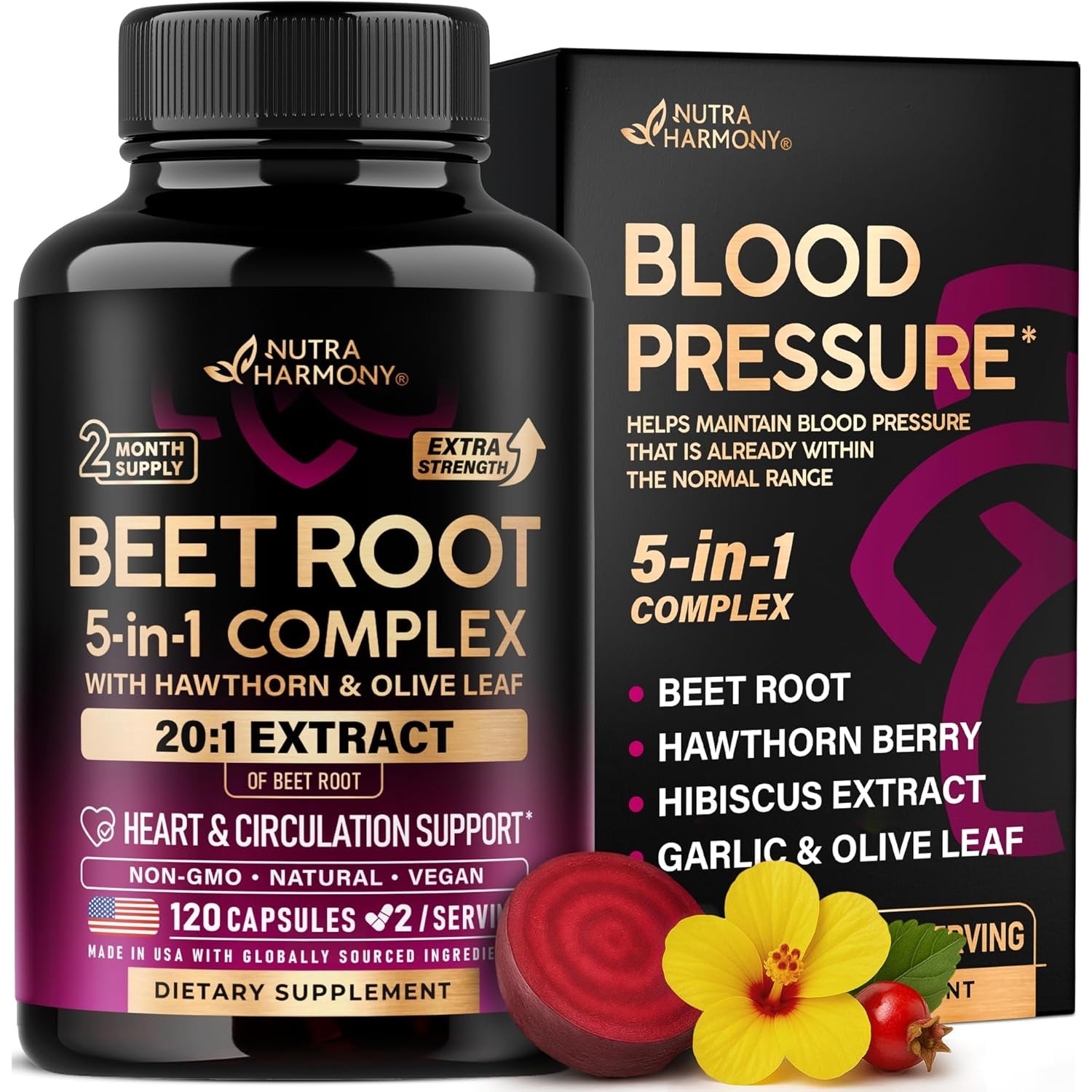 NUTRAHARMONY Beetroot Capsules - 120 Count | Nitric Oxide & Circulation Support | High-Strength Beet Root Extract | Vegan