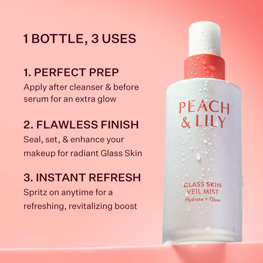Peach & Lily - Glass Skin Veil Mist (3.38 Ounces) - Hydrate & Glow - Facial Mist - Weightless - Cucumber Water, Lotus, Peach, Reishi Mushroom - Self Care - Vegan & Cruelty Free - Korean Beauty