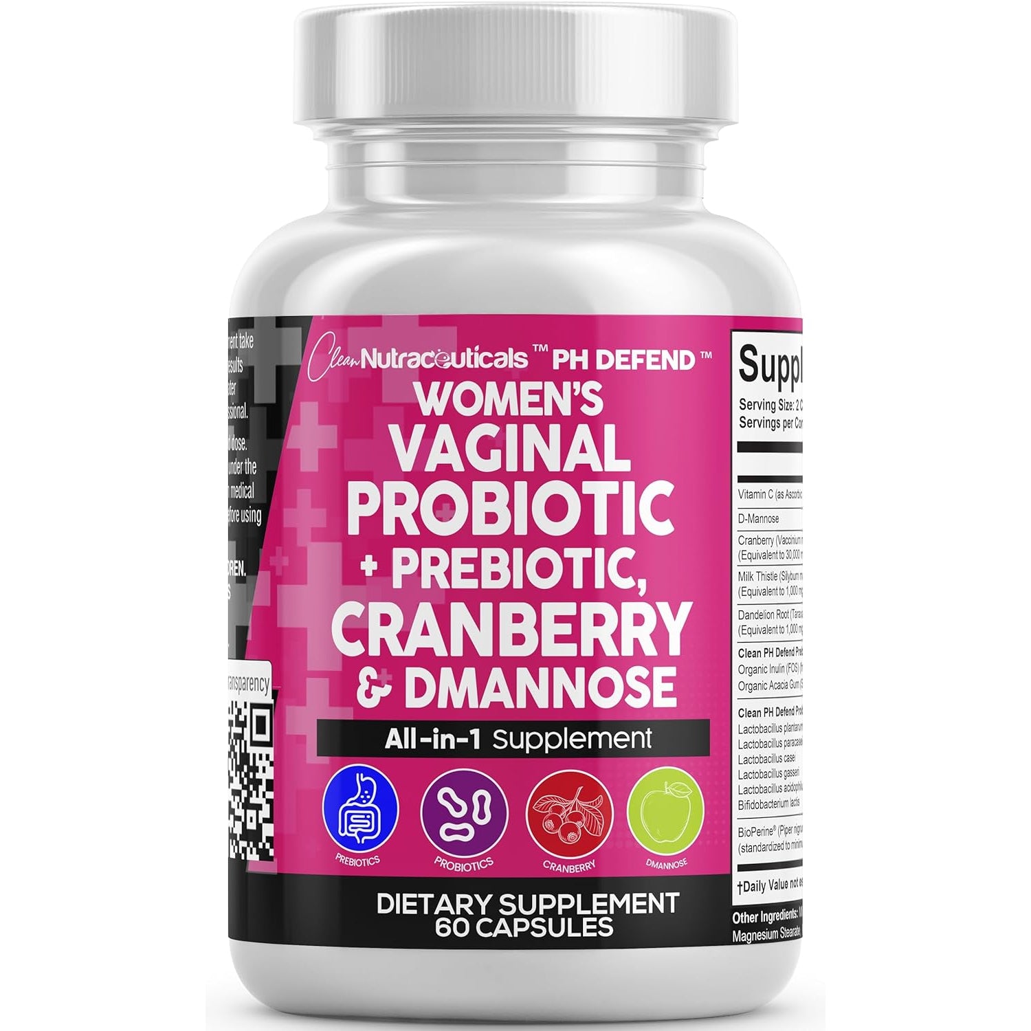 Clean Nutraceuticals Vaginal Probiotic & Cranberry Complex – 60 Capsules | D-Mannose, Prebiotics & pH Balance | Feminine Health & Urinary Tract Support