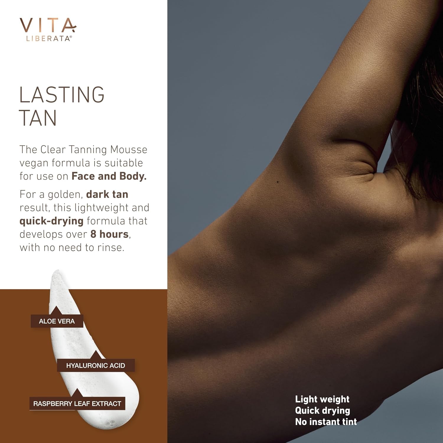 Vita Liberata Clear Self Tanner Mousse - Dark, Lightweight & Fast Drying Formula, Untinted for Minimal Transfer, Lasting Tan, Formulated with Organic Aloe Vera & Hyaluronic Acid, 6.76 Fl Oz