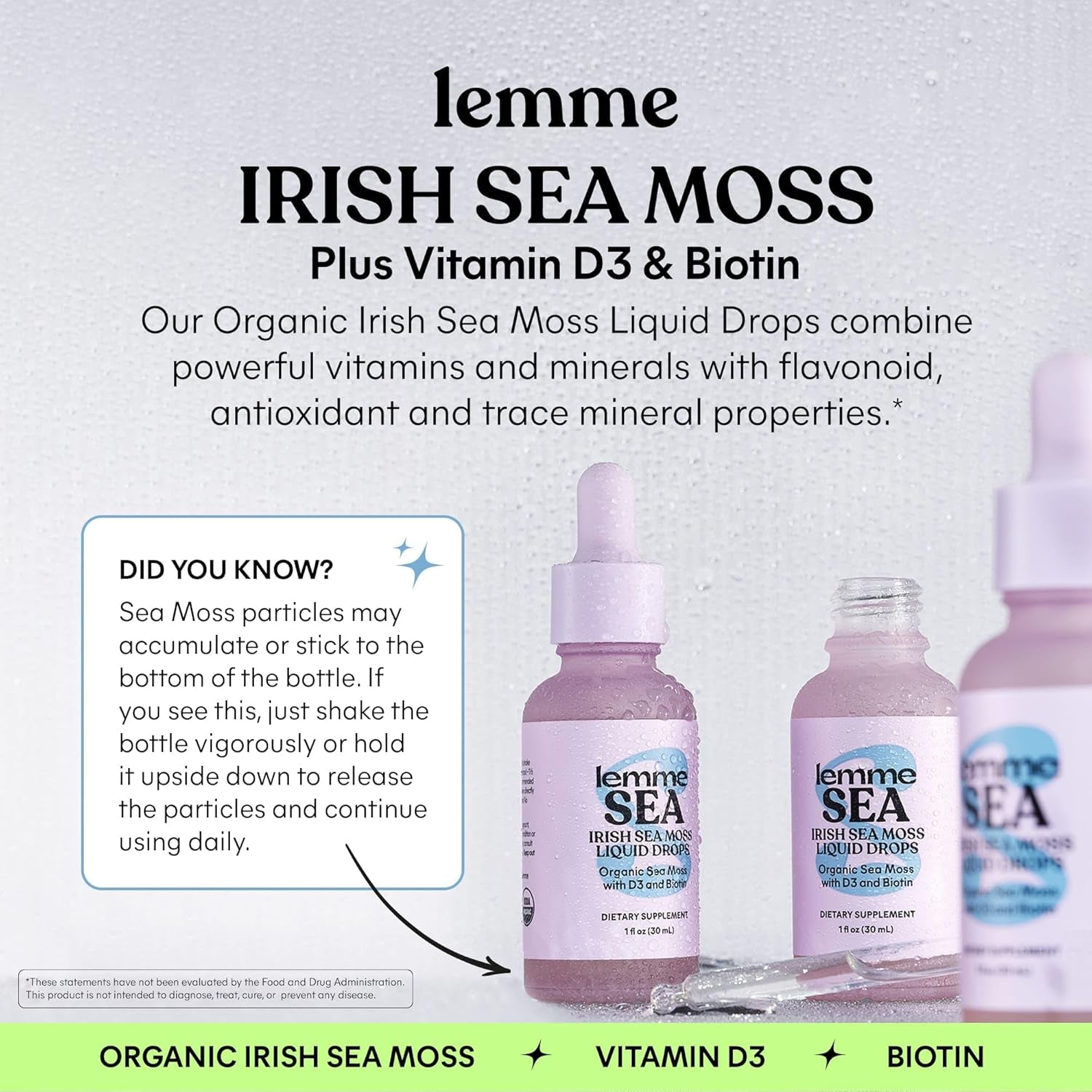 Irish Sea Moss Organic Liquid Drops with Vitamin D3 and Biotin for Trace Mineral Support, Immunity, Hair, Skin & Nails, Brain Health - Gluten & Sugar Free, Non GMO, 1 Oz, 30 Servings