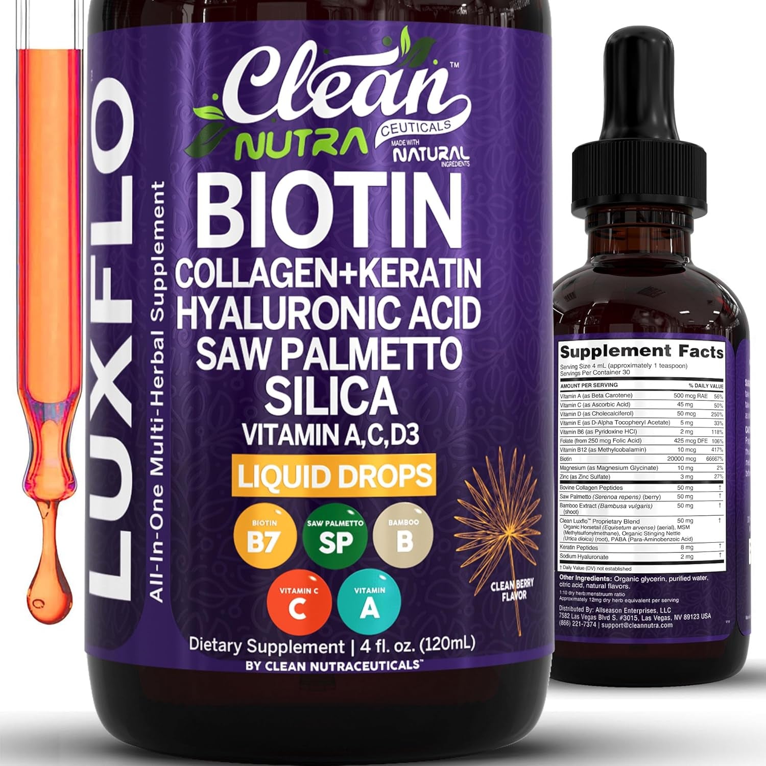 Clean Nutraceuticals Liquid Biotin & Collagen Hair Growth Drops – Keratin, Hyaluronic Acid, Saw Palmetto & Silica | Hair, Skin & Nails | 120ml
