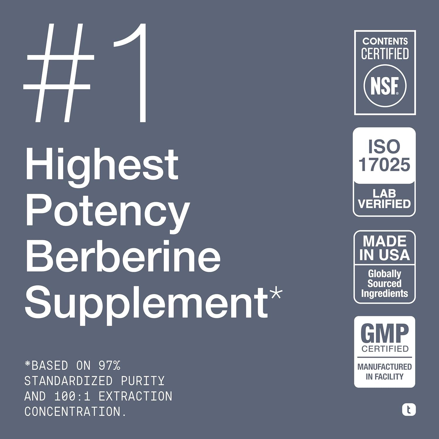 Toniiq NSF Certified Ultra High Strength Berberine Hcl from the Himalayas - 100:1 Concentrated Extract - Lab-Tested 97% Berberine Hcl - 180 Vegetarian Capsules, 1500 Mg per Serving