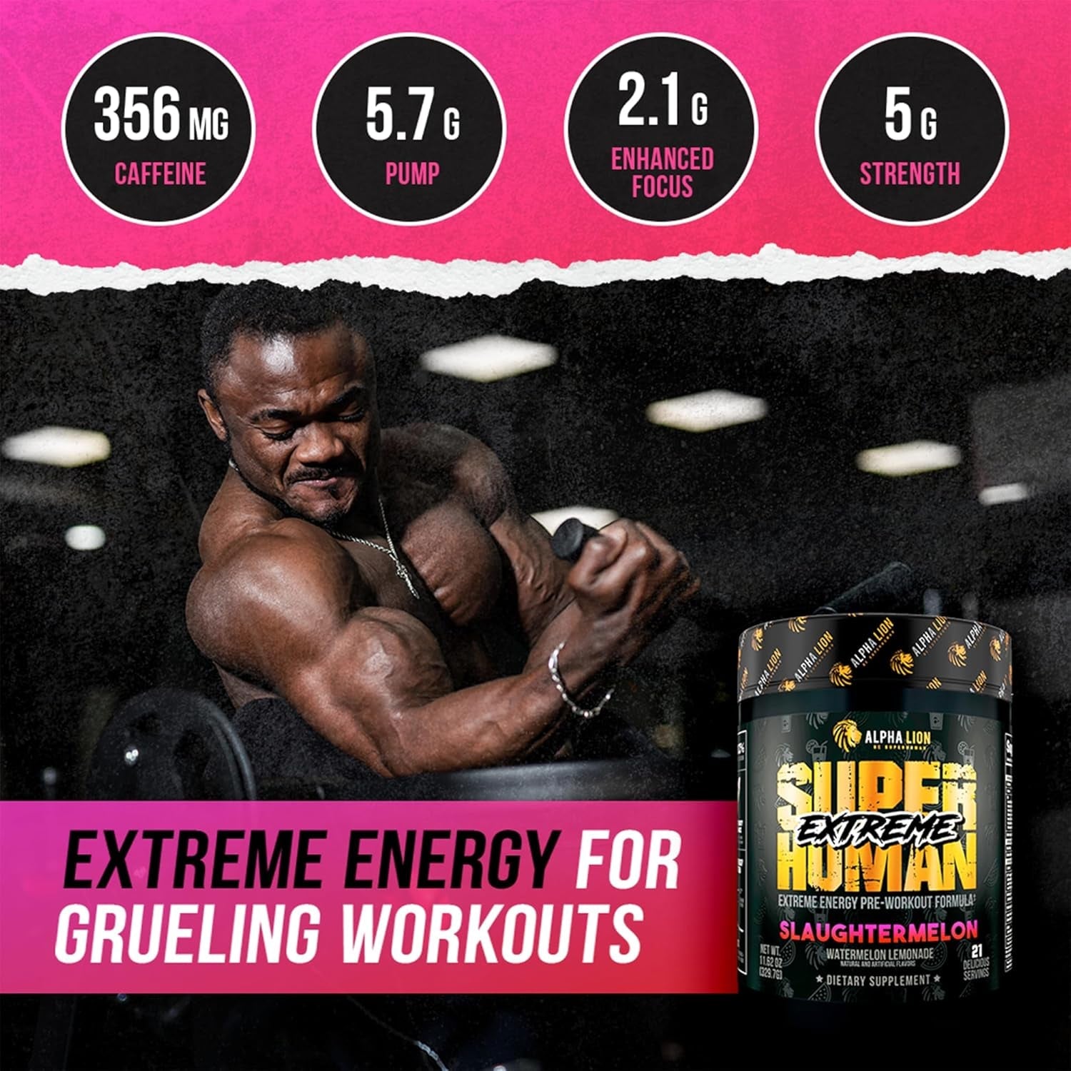 ALPHA LION Superhuman Extreme Energy Pre-Workout (Slaughtermelon) – 329.7g | High-Stim Pump & Endurance Formula