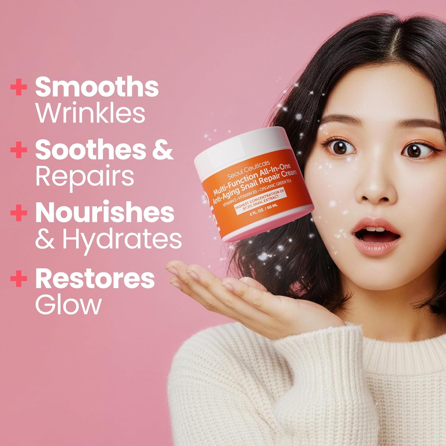 SeoulCeuticals 97.5% Snail Mucin Moisturising Cream – Korean Anti-Ageing Repair for Face | Day & Night | 60ml | K-Beauty