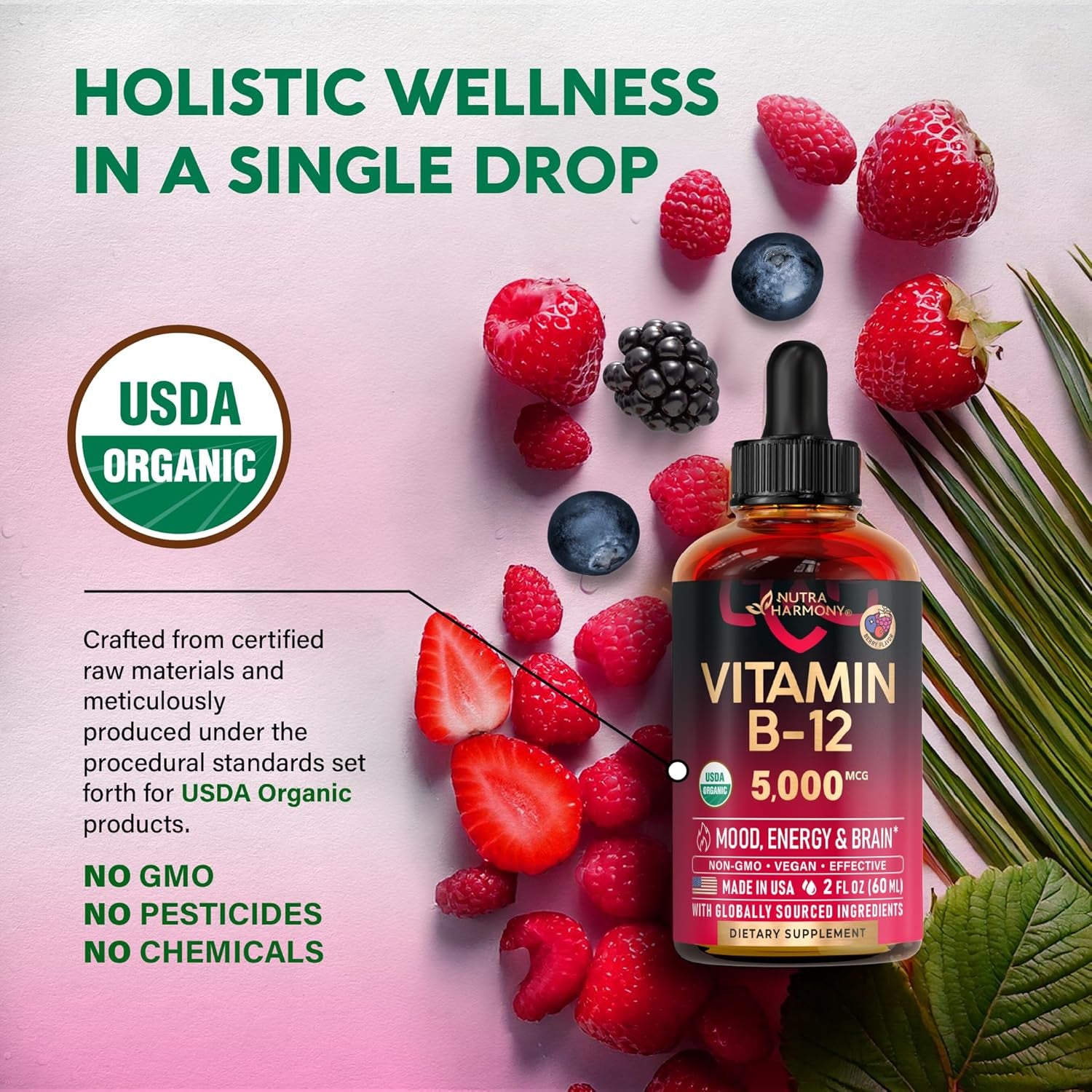 NUTRAHARMONY USDA Organic Vitamin B12 Sublingual Drops — 59ml | 5,000mcg Liquid Methylcobalamin | Energy, Focus, Mood & Brain Health | Vegan | 2 Month Supply