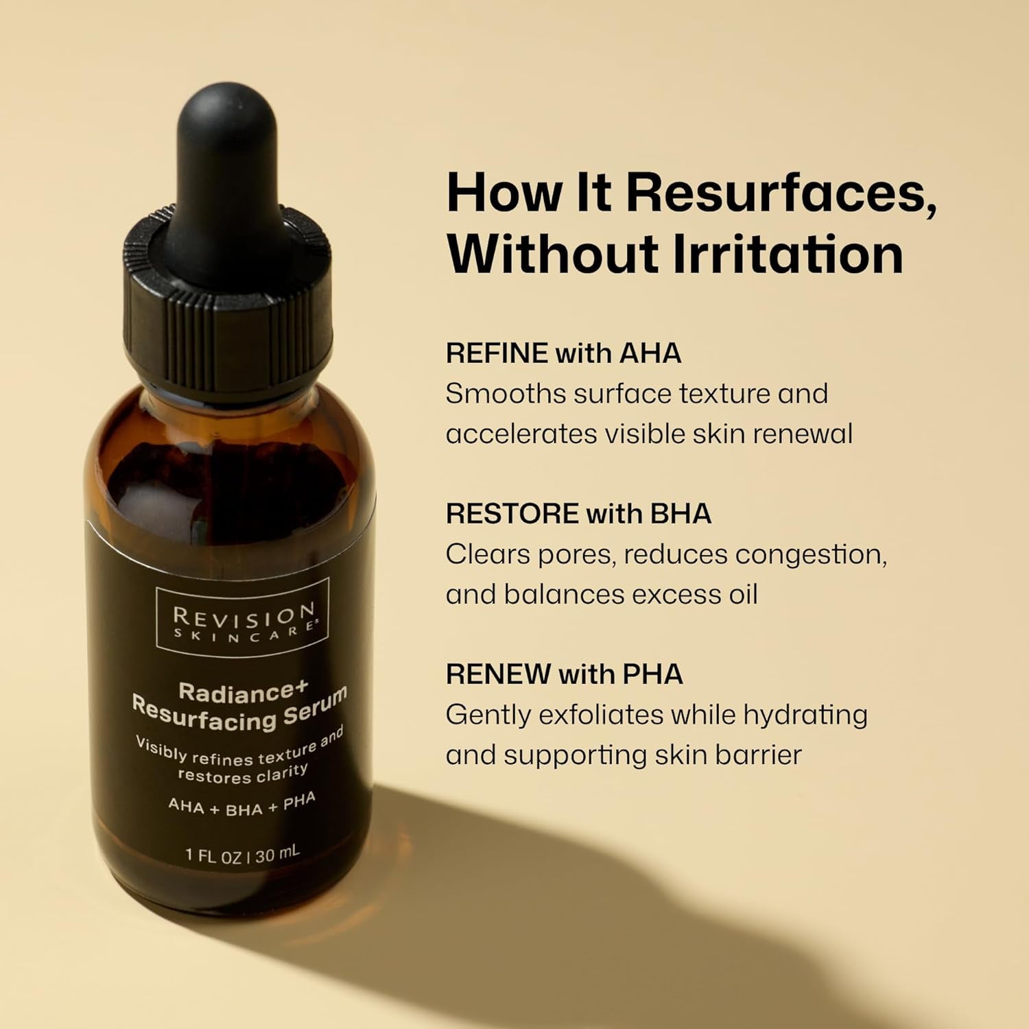 Revison Skincare Radiance+ Resurfacing Serum, Overnight AHA+BHA+PHA Exfoliating Serum with Glycolic Acid & Salicylic Acid | Smooths Uneven Texture, Clears Pores & Brightens Dull Skin, 1Oz