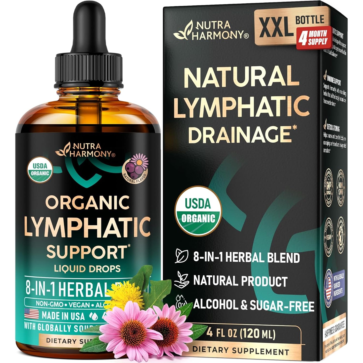 NutraHarmony Organic Lymphatic Drainage Drops – 118ml | Echinacea, Elderberry, Dandelion & Cleavers | Immune Support, Cleanse & Detox