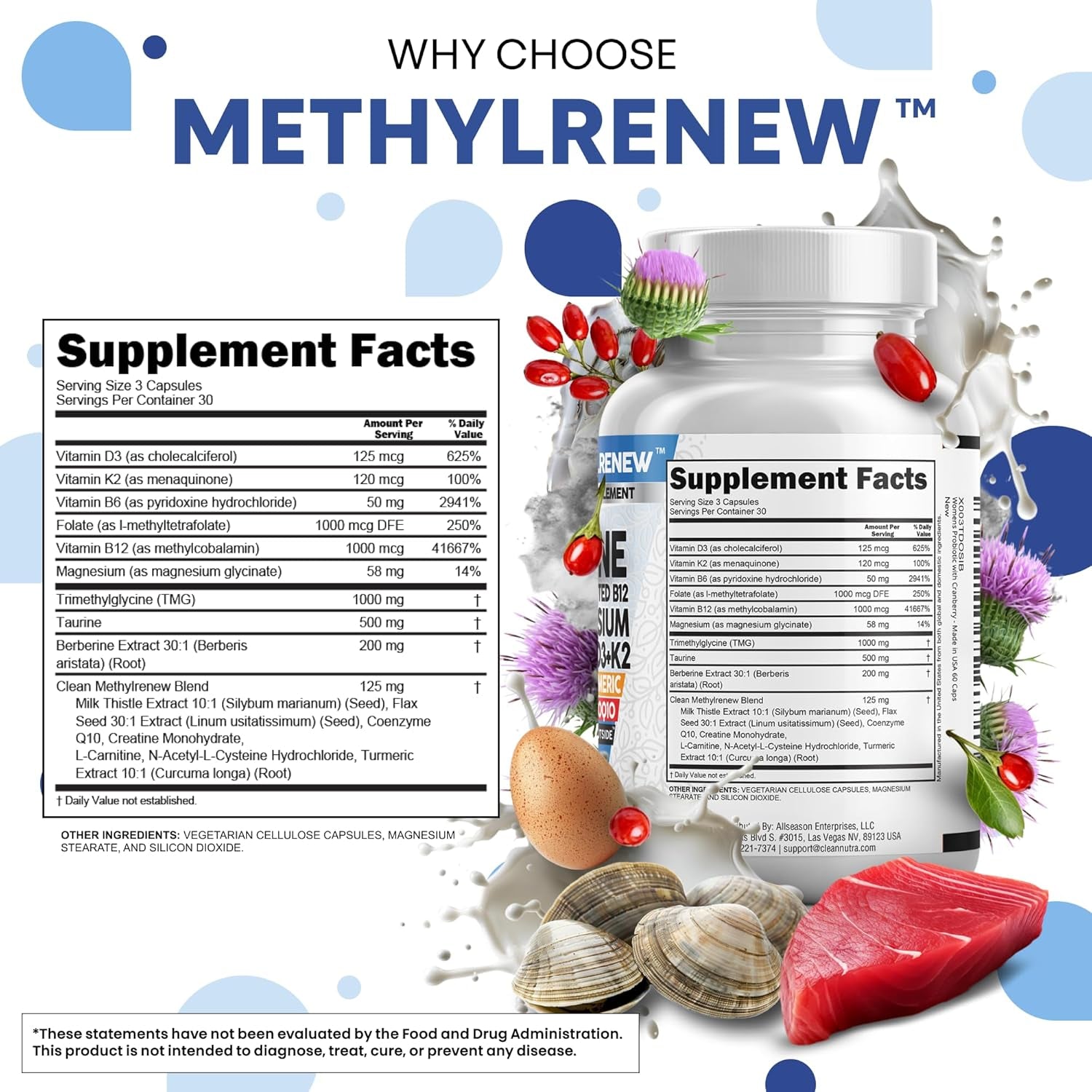 Clean Nutra TMG Supplements 1000Mg | Methylated Multivitamin for Women Men | Taurine B6 Vitamins B12 D3 K2 Trimethylglycine Magnesium Methylfolate Milk Thistle NAC COQ10 B Supplement Complex Capsules