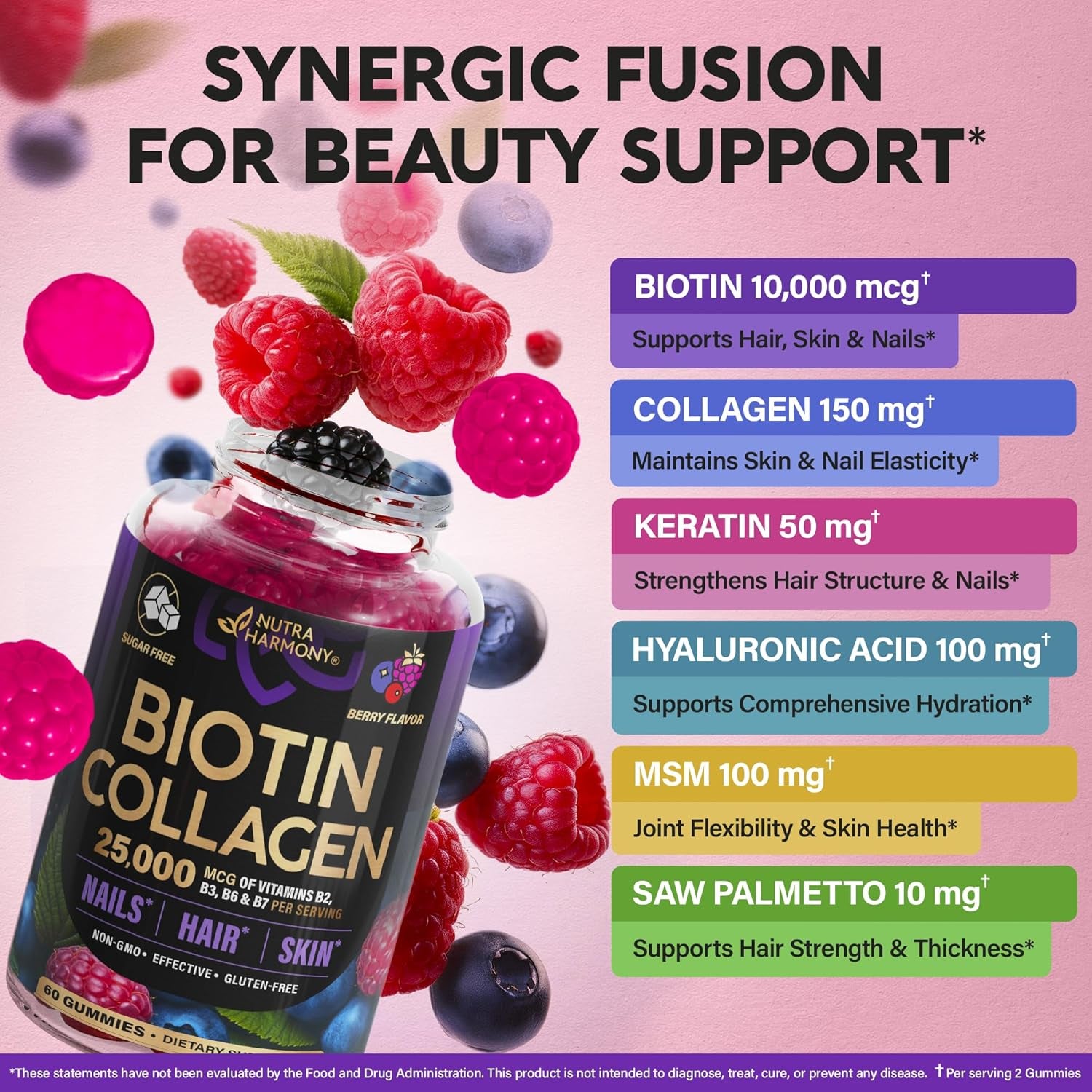 NUTRAHARMONY Biotin, Collagen & Hyaluronic Acid Gummies | Hair, Skin & Nail Support | Sugar-Free | 60 Count